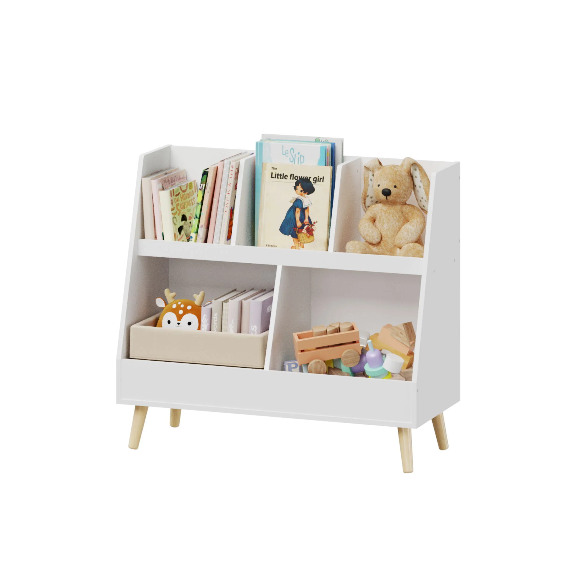 Kids Bookshelf And Toy Organizer, 5 Cubbies Wooden Open Bookcase, 2-Tier Baby Storage Display Organizer With Legs, Free Standing For Playing Room, Bedroom, Nursery, Classroom - White - Image 6