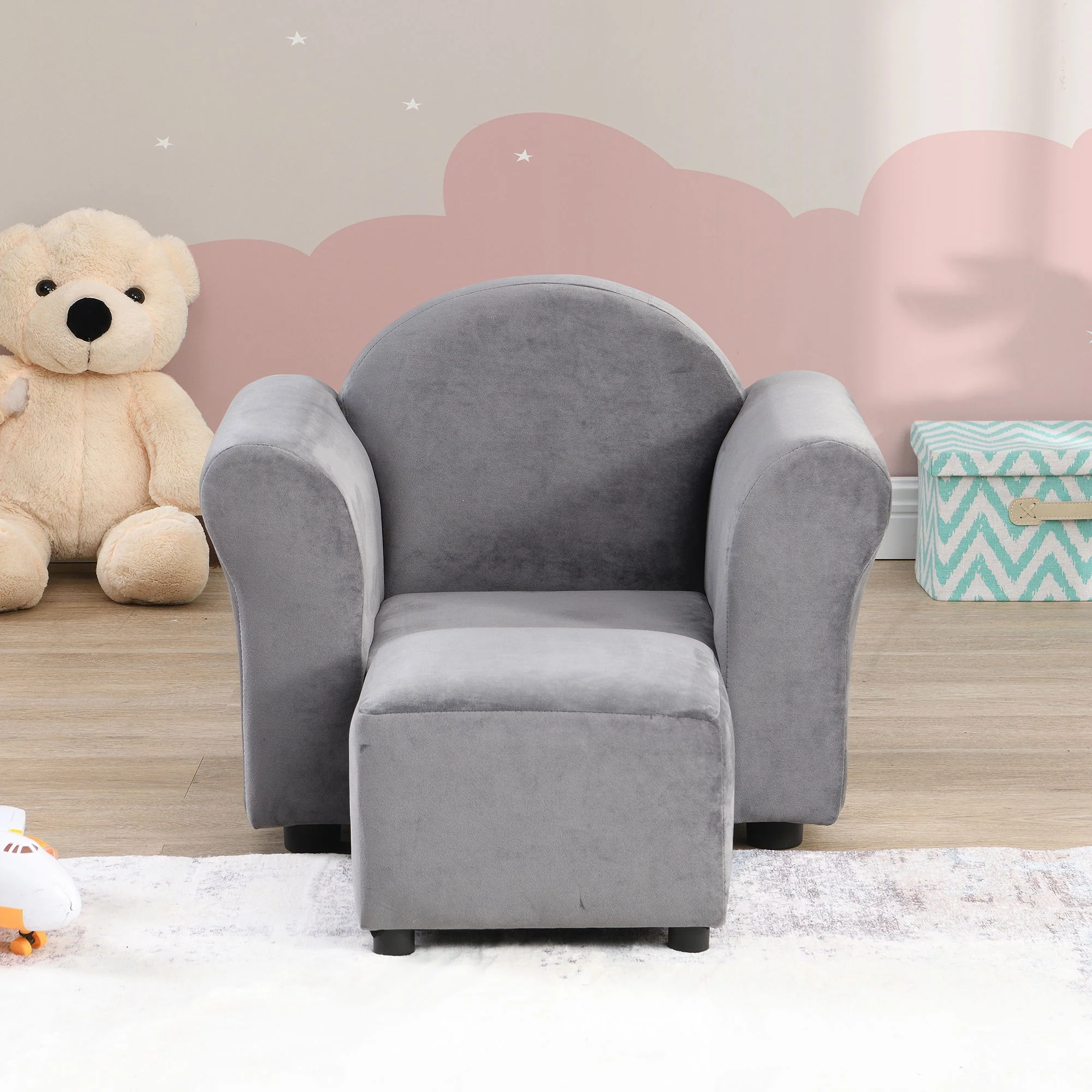 Kids Recliner Chair, Kids Upholstered Couch With Ottoman - Gray - Image 5