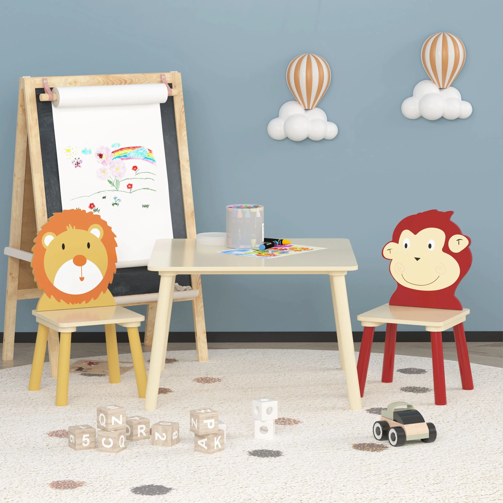 Kids Table And 2 Chairs Set, 3 Pieces Toddler Table And Chair Set, Wooden Activity Play Table Set (Lion&Monkey) - Natural - Image 7