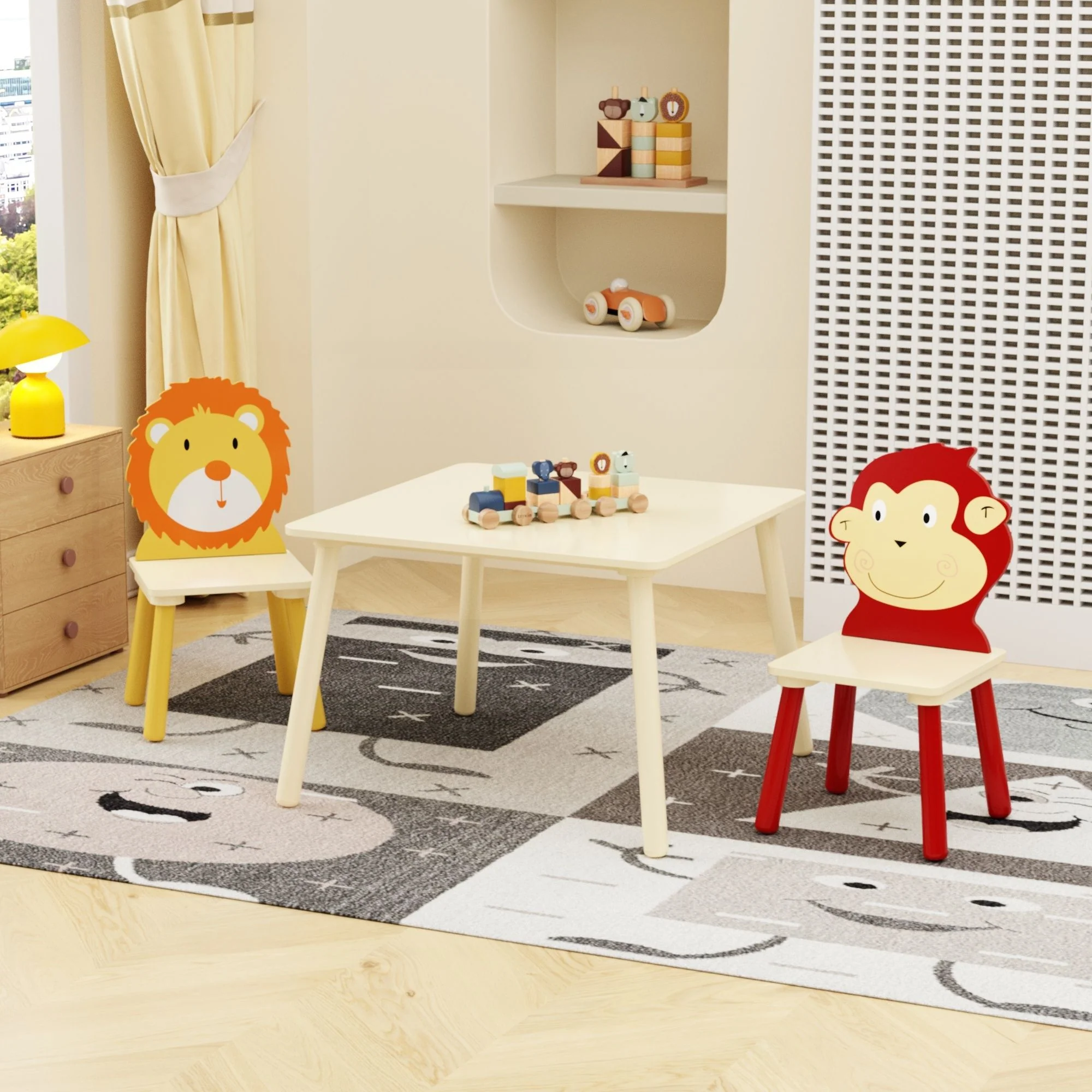 Kids Table And 2 Chairs Set, 3 Pieces Toddler Table And Chair Set, Wooden Activity Play Table Set (Lion&Monkey) - Natural - Image 9