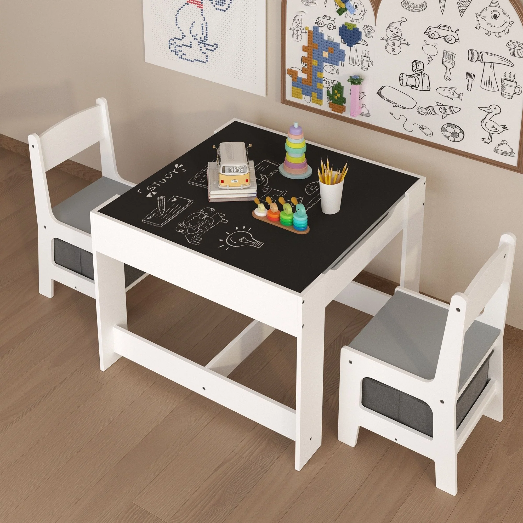 Kids Table And Chair Set, 3 In 1 Activity Table With Storage Drawer For Toddlers Drawing, Reading, Crafts, 2 In 1 Detachable Top - White - Image 8
