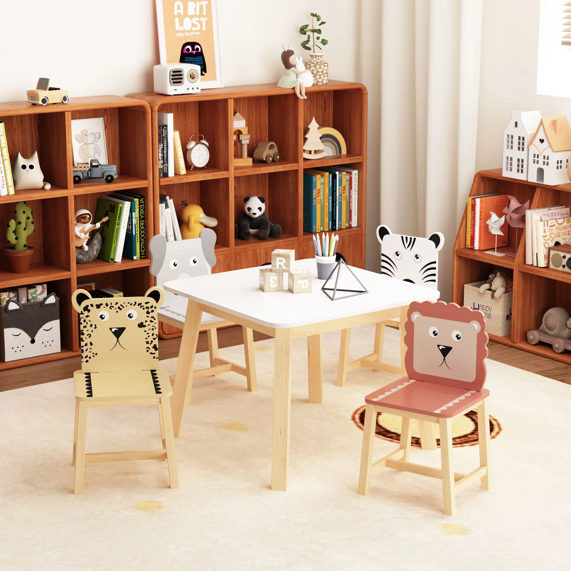Kids Table And Chair Set With Cartoon Animals Design - White - Image 3
