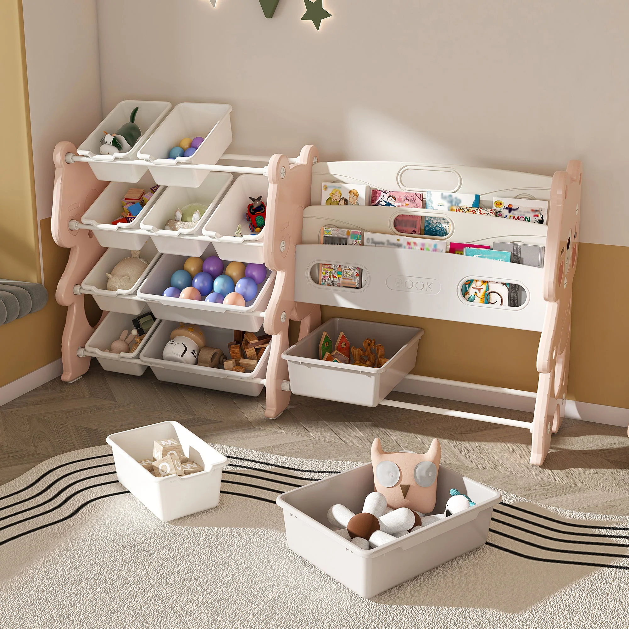 Kids Toy Storage Organizer With 2 Tier Bookshelf, Toy Storage With 12 Bins - Image 9
