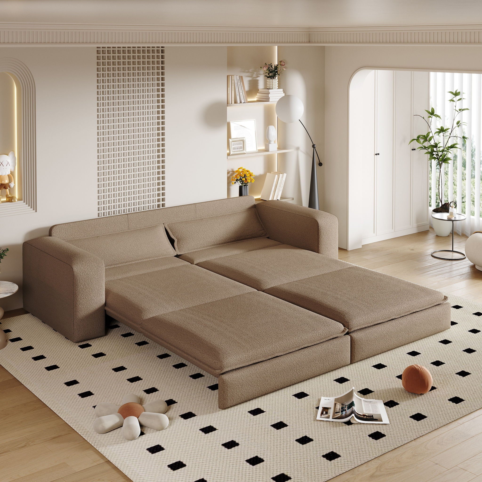 King Size Sleeper Pull Out Sofa Bed, 3 In 1 Convertible Chaise Lounge With 2 Pillows For Living Room - Camel - Image 8