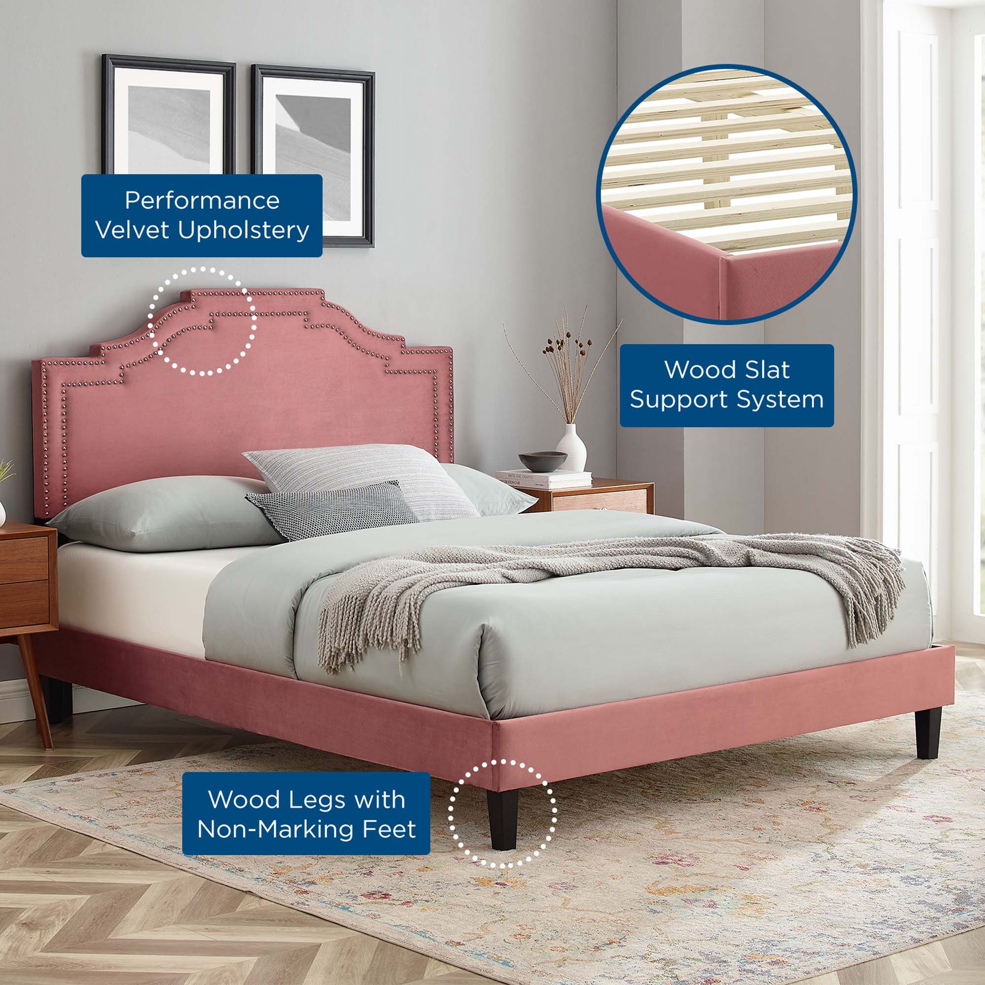 King Upholstered Platform Bed with Nailhead Trim Performance Velvet - Image 4
