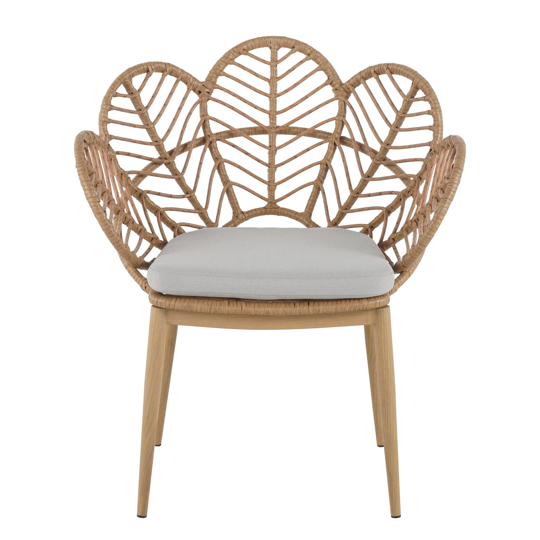Kirk - Outdoor Wicker Peacock Shape Papasan Style Chair, Teak Finished Leg (Set of 2) - Beige / Light Brown / Light Teak - Image 2