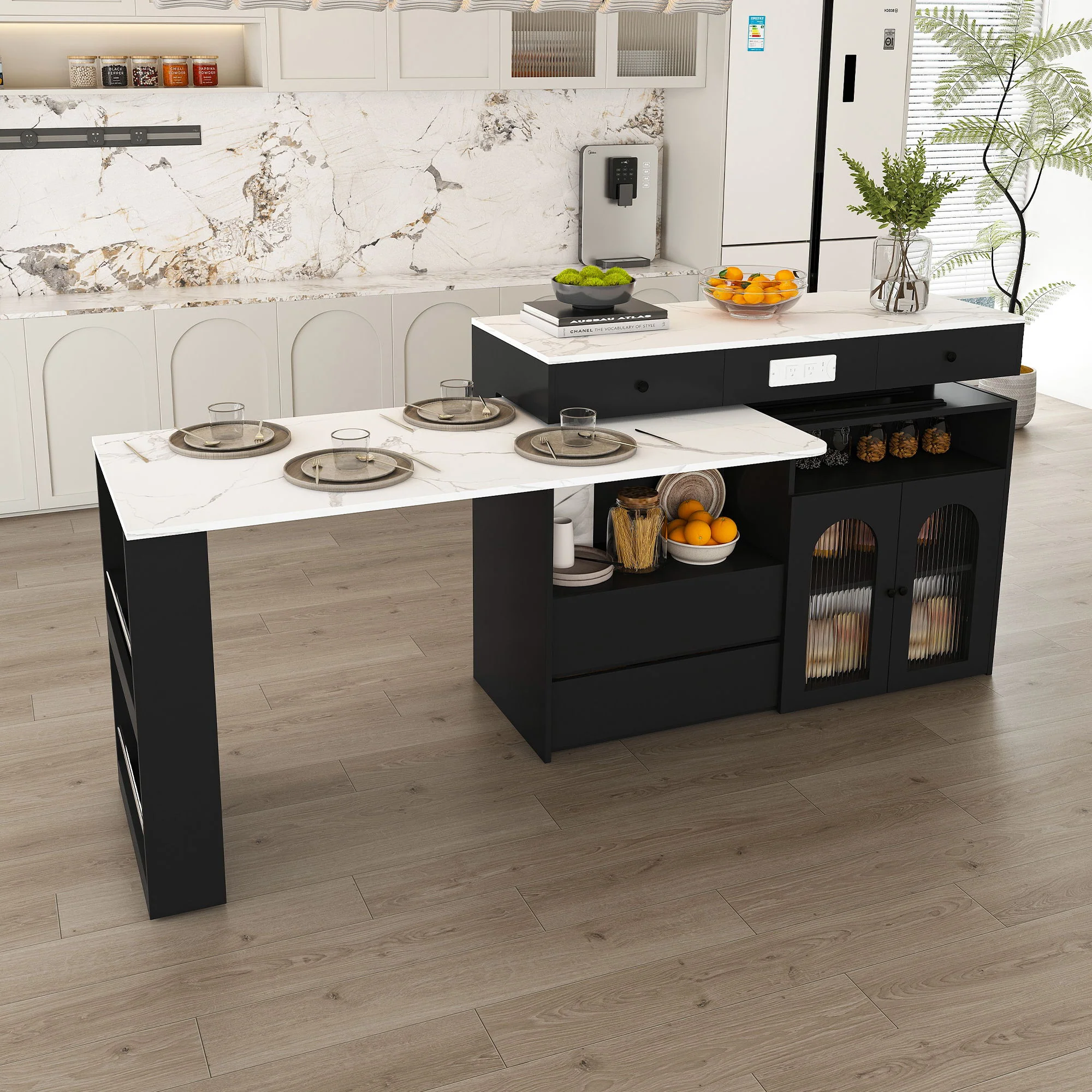 Kitchen Island With Extendable Rotating Table, 4 Drawers & Glass Door Cabinets, Built In Socket - Black - Image 6