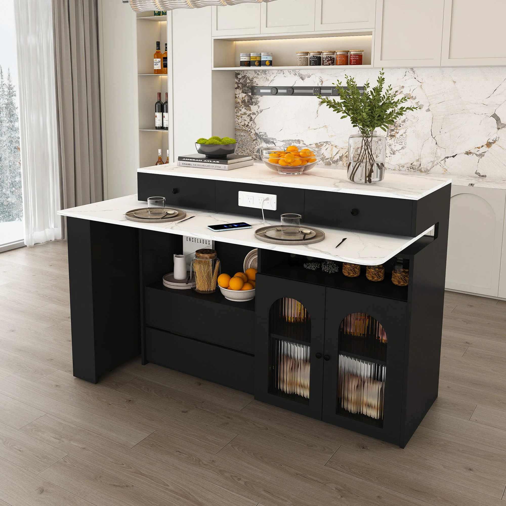 Kitchen Island With Extendable Rotating Table, 4 Drawers & Glass Door Cabinets, Built In Socket - Black - Image 7