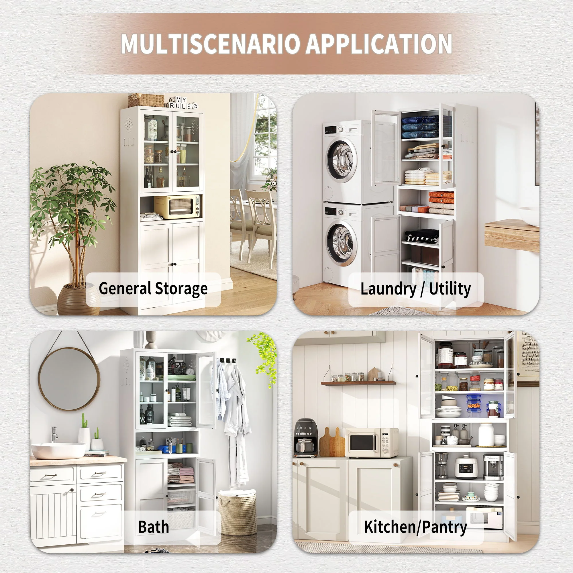 Kitchen Pantry Cabinet Tall Storage With Adjustable Shelves, Heavy Duty Stainless Steel Frame - White - Image 9