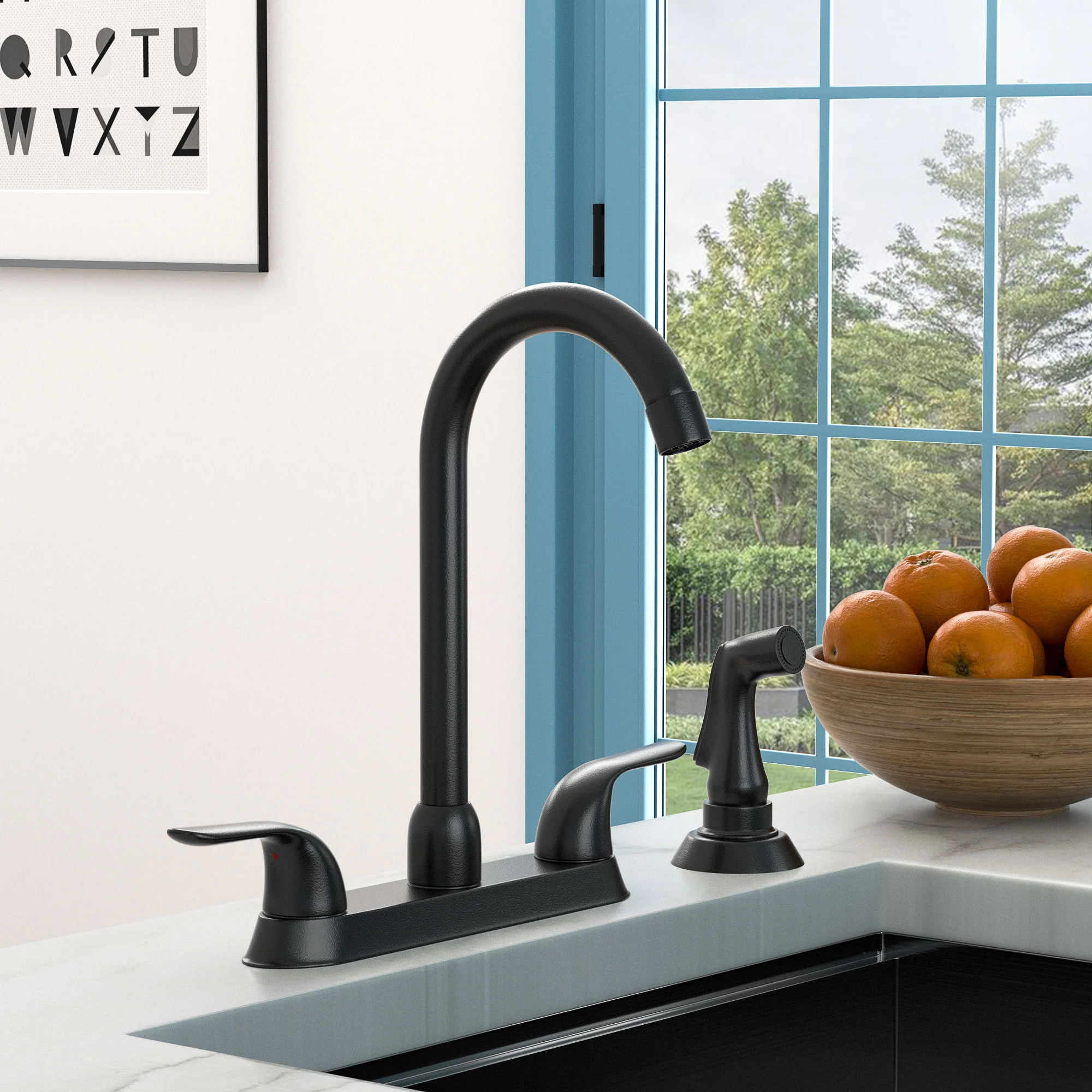 Kitchen Sink Faucet With 2 Handles And Pull Out Side Sprayer, 4 Hole Installation - Image 3