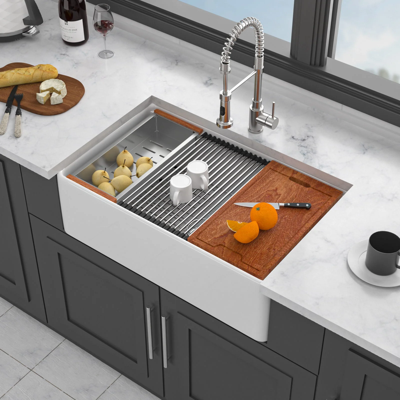 Kitchen Sink Workstation 33" Single Bowl Sink With Work Surface - White - Image 5