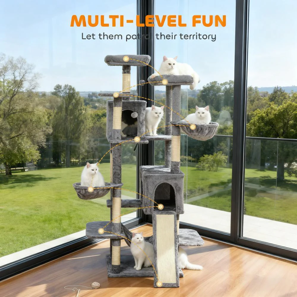Koda 69-Inch Heavy-Duty Multi-Level Cat Tree with Triple Hammocks and Dual Condos - Image 7
