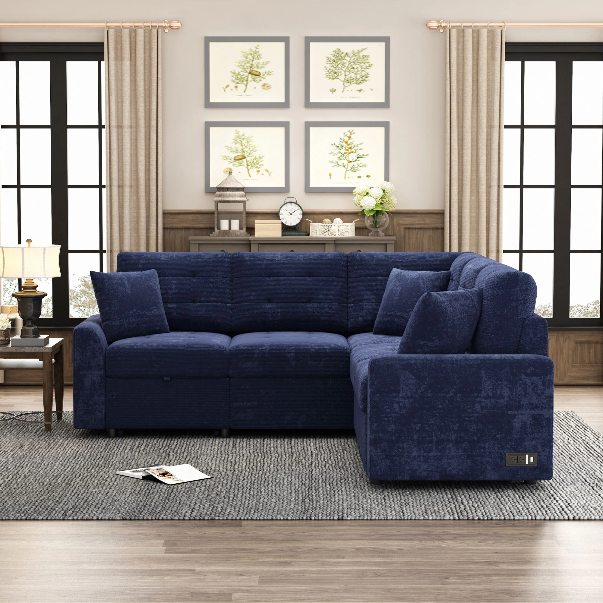 L-Shape Sofa Bed Pull-Out Sleeper Sofa With Wheels, USB Ports, Power Sockets For Living Room - Image 23