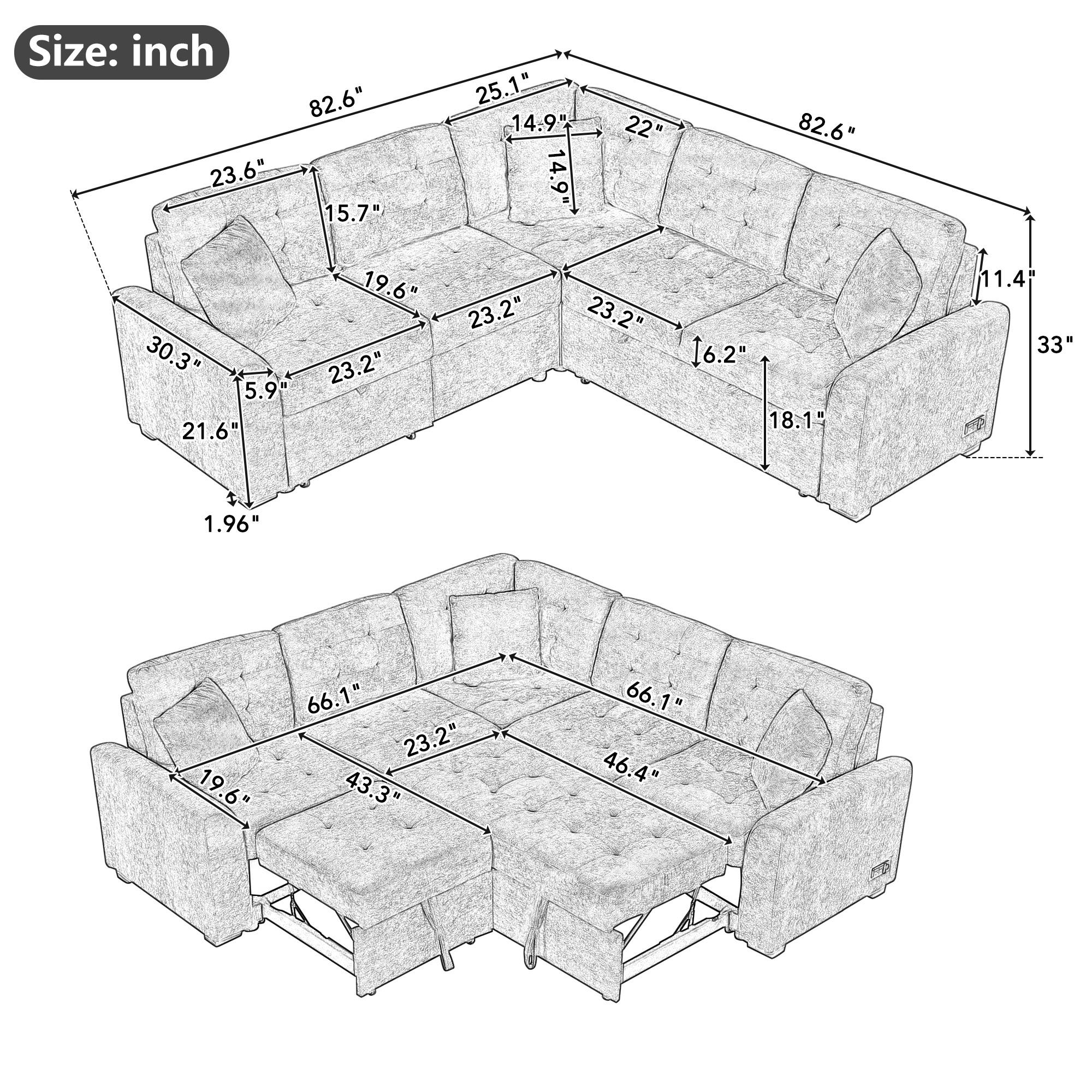 L-Shape Sofa Bed Pull-Out Sleeper Sofa With Wheels, USB Ports, Power Sockets For Living Room - Image 6