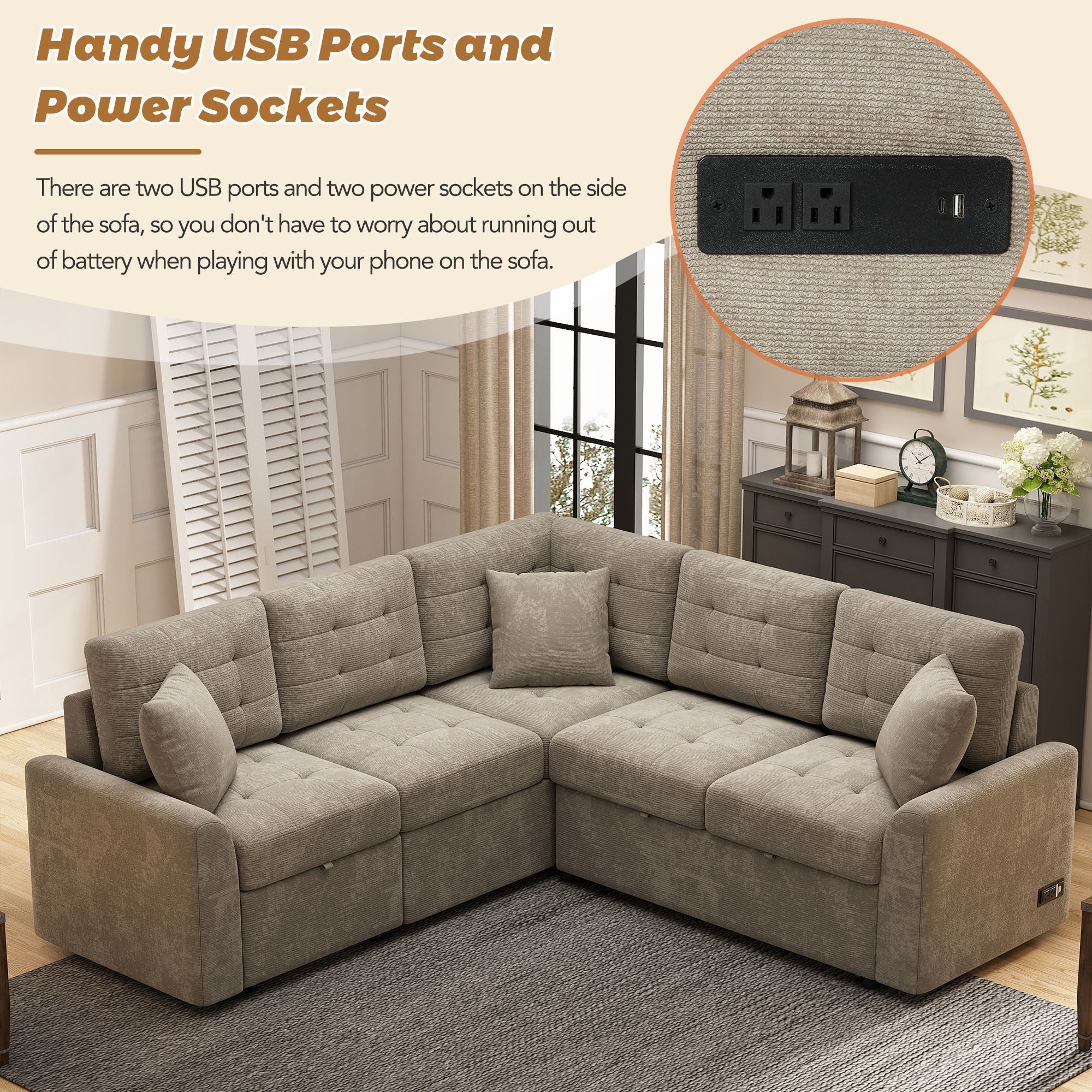 L-Shape Sofa Bed Pull-Out Sleeper Sofa With Wheels, USB Ports, Power Sockets For Living Room - Image 7