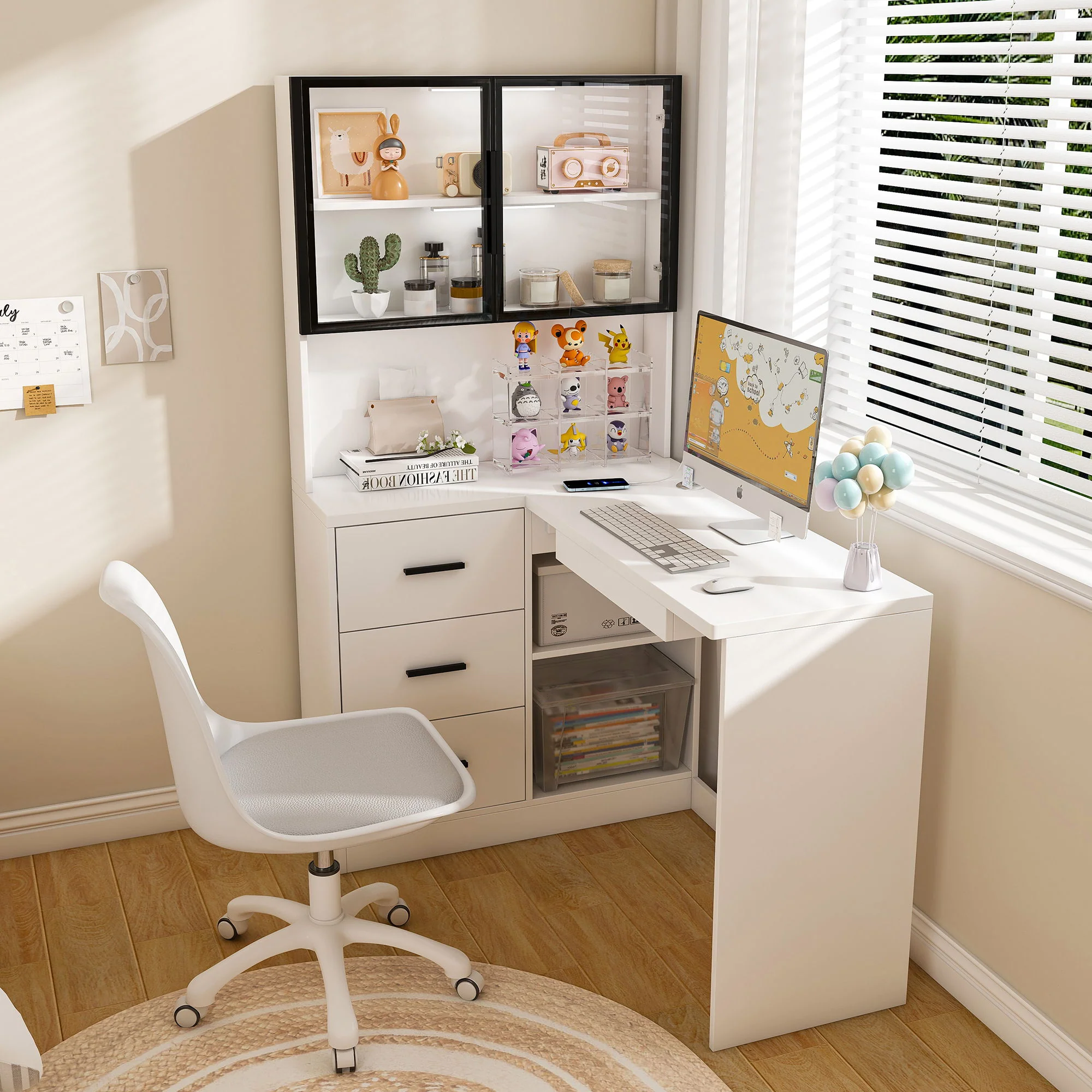L-Shaped Computer Desk With Glass Cabinets, Built In LED Lights, USB Charging Ports - Image 15