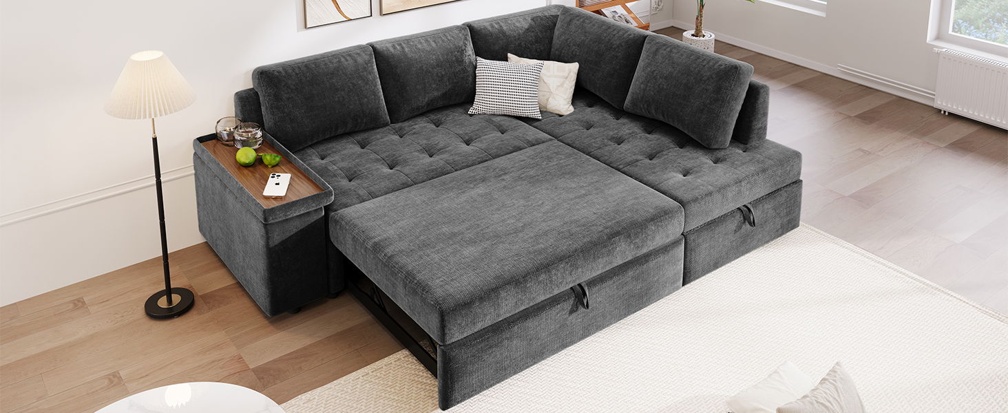 L Shaped Couch With Pull Out Bed And Storage Sectional Sleeper Sofa With Hidden Storage, Wide Armrest With Storage, For Living Room, Apartment, Bedroom, Office - Image 7