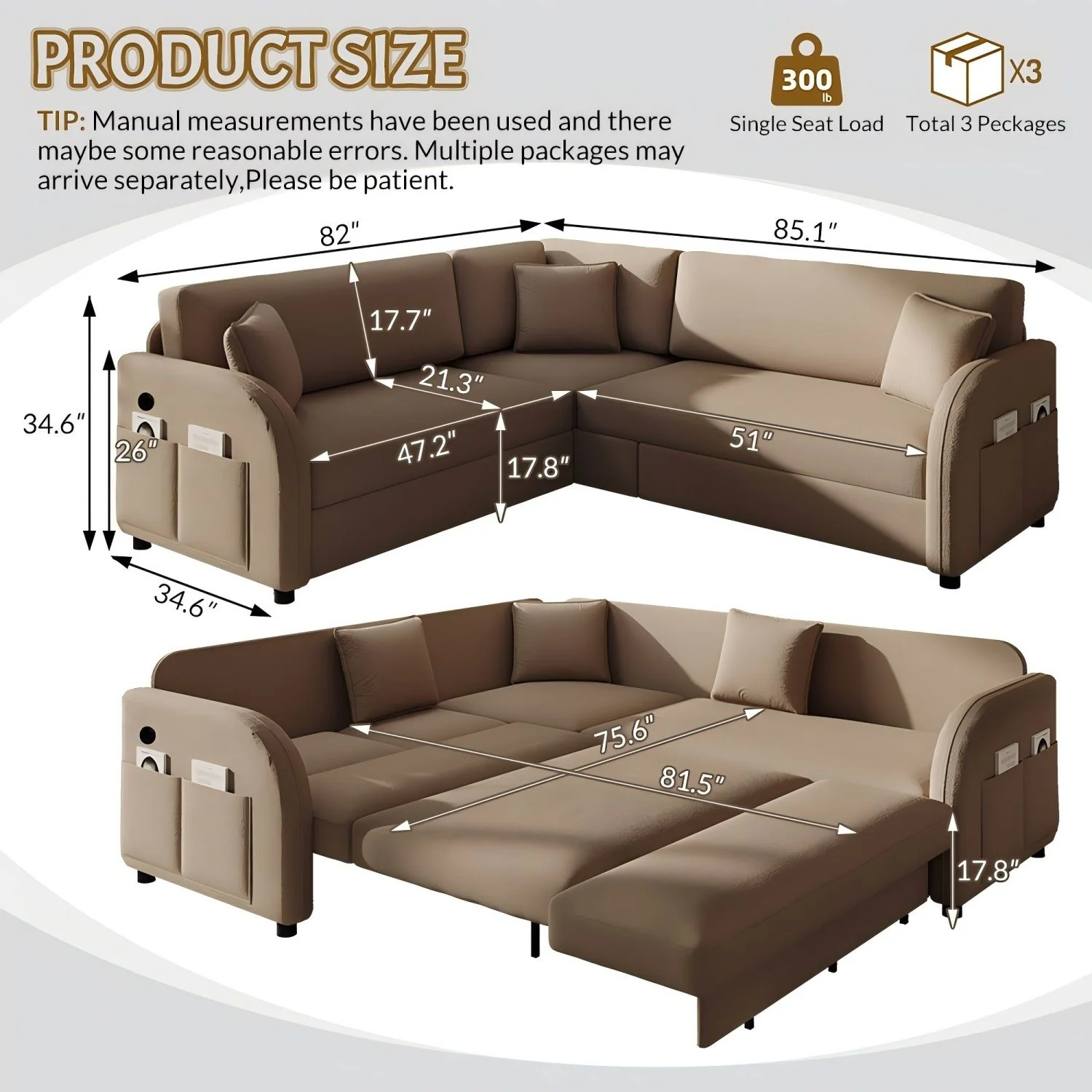 L-Shaped Couch With Pull-Out Bed, Oversize Convertible Sleeper Sofa With Side Pocket & USB Port - Image 7