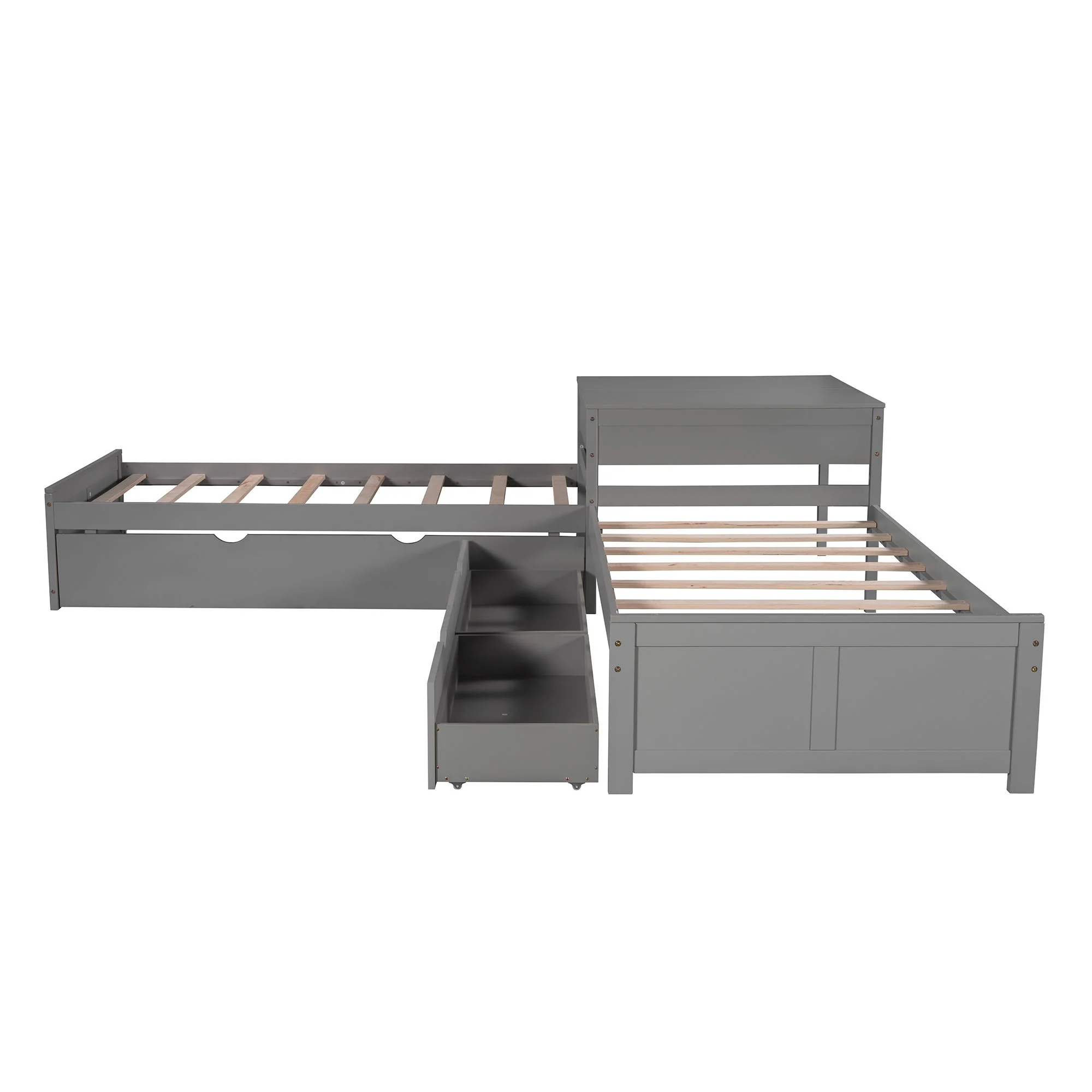 L Shaped Platform Bed With Trundle And Drawers Linked With Built In Desk - Image 18