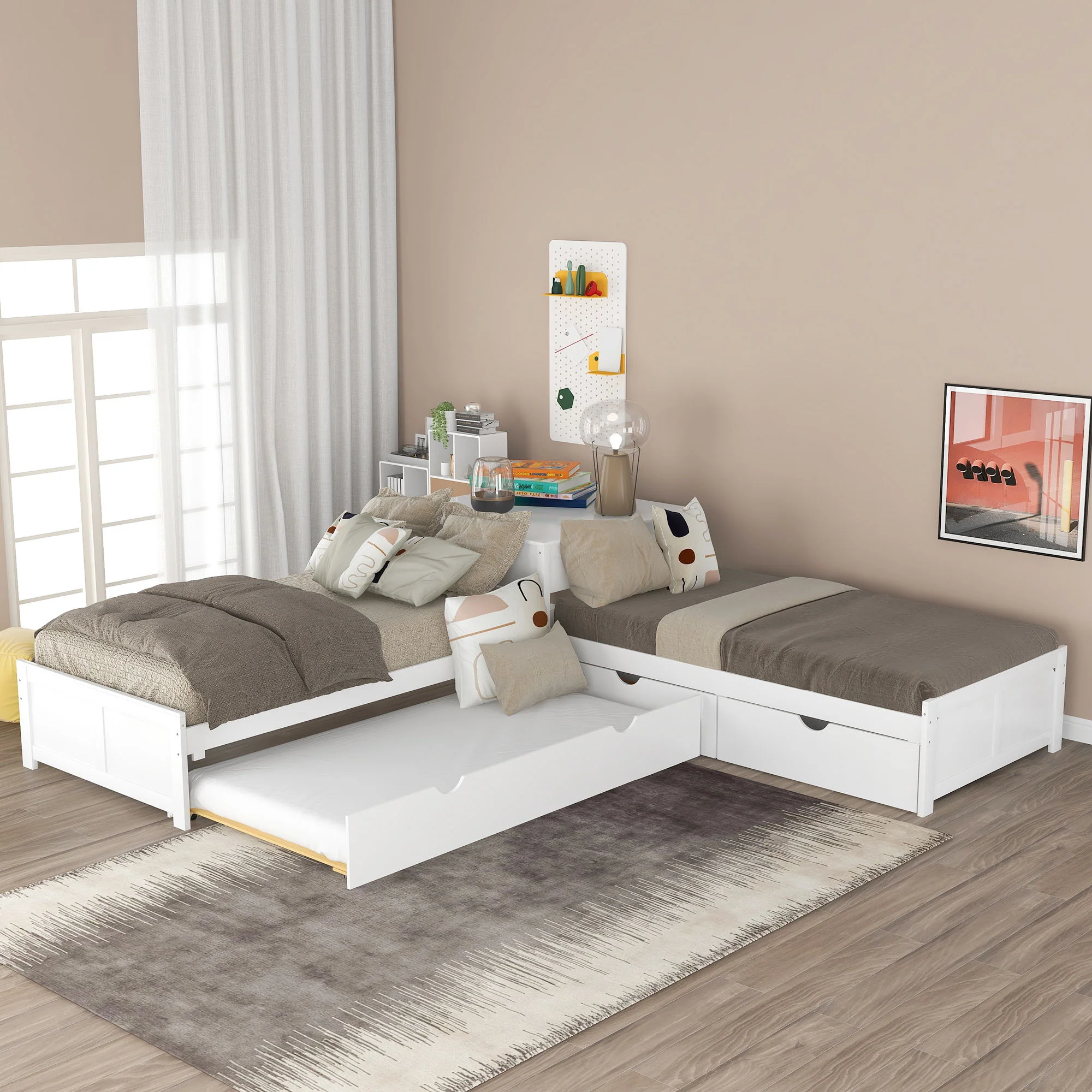 L Shaped Platform Bed With Trundle And Drawers Linked With Built In Desk - Image 19