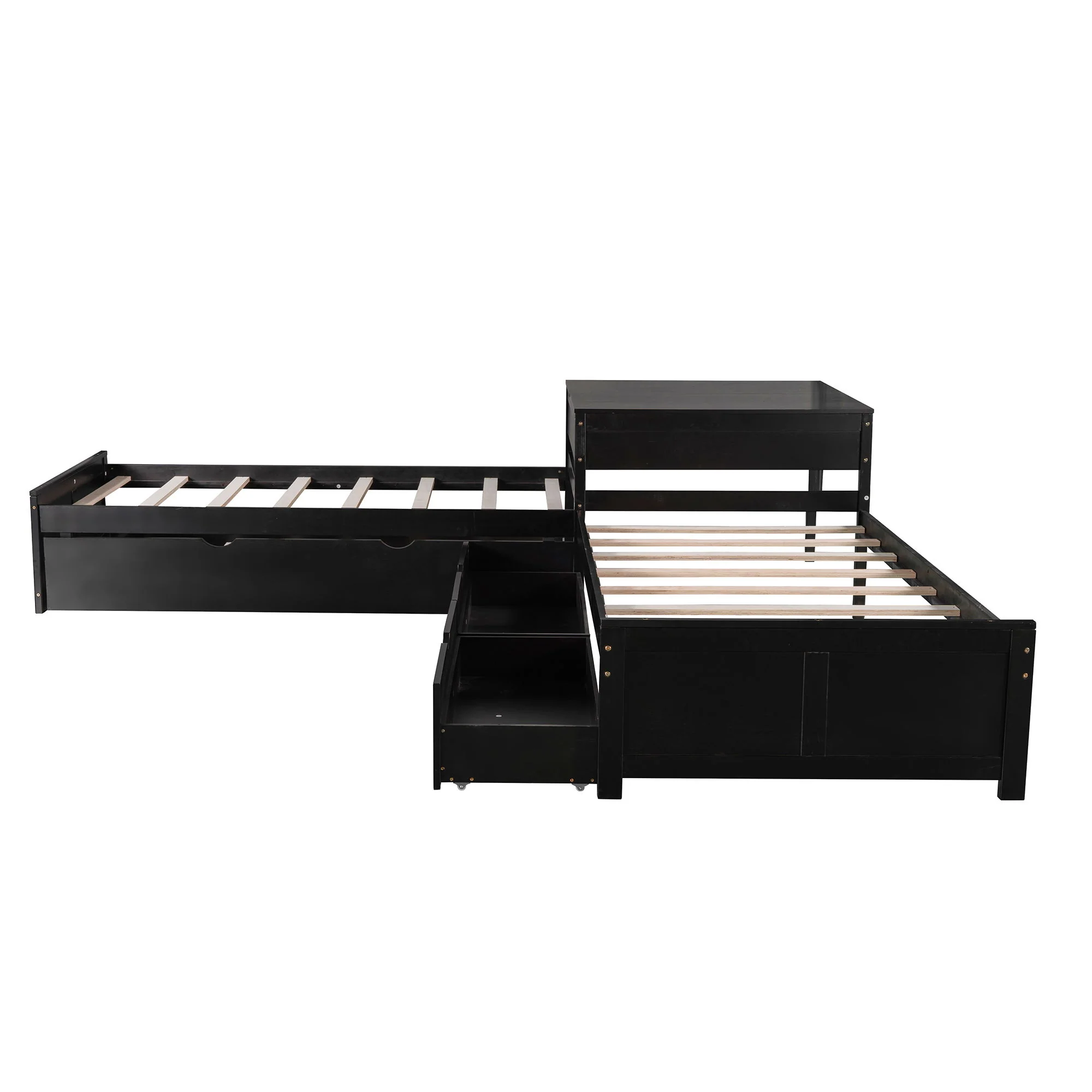 L Shaped Platform Bed With Trundle And Drawers Linked With Built In Desk - Image 5
