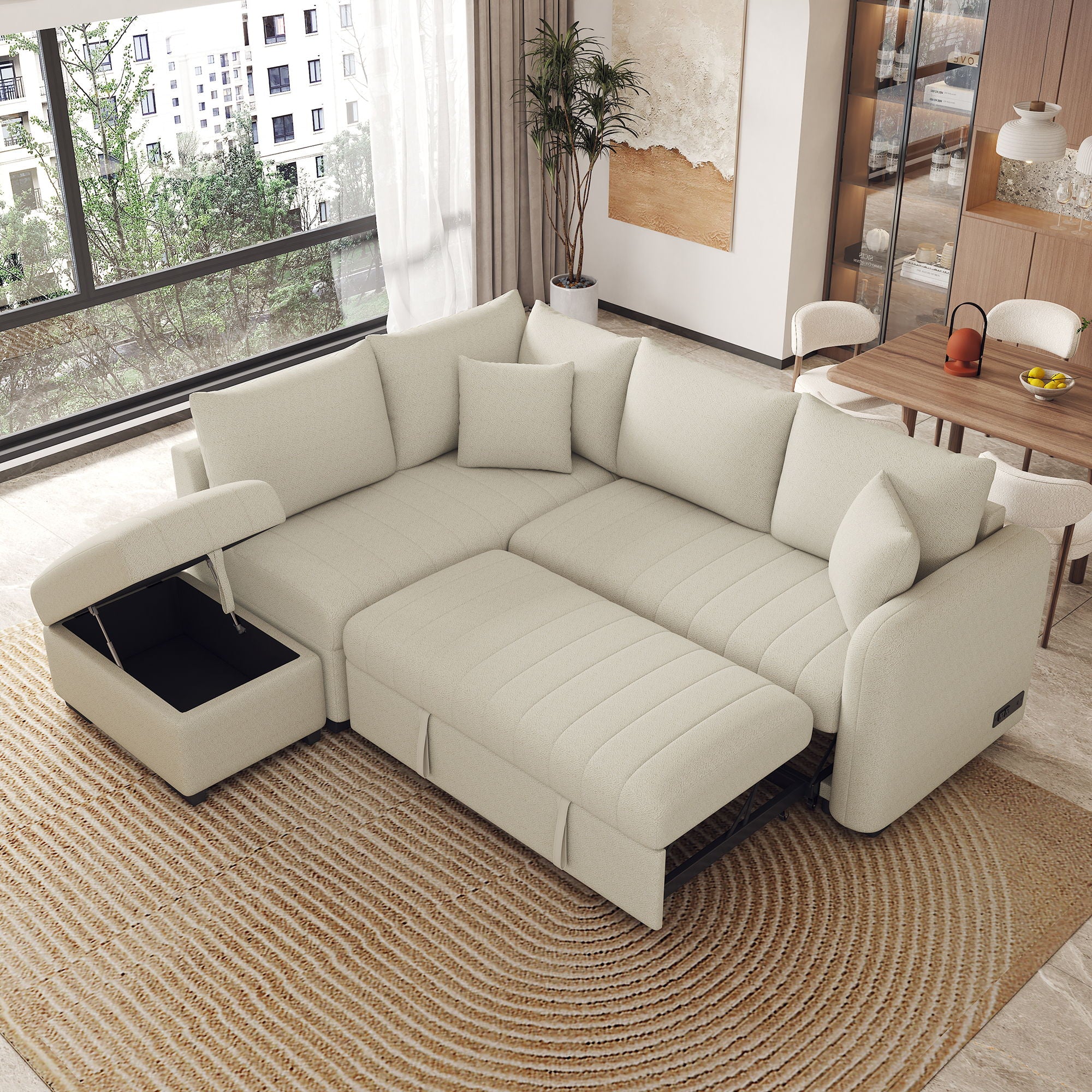 L-Shaped Sectional Pull Out Sofa Bed Sleeper Sofa With Two USB Ports, Two Power Sockets And A Movable Storage Ottoman - Image 15