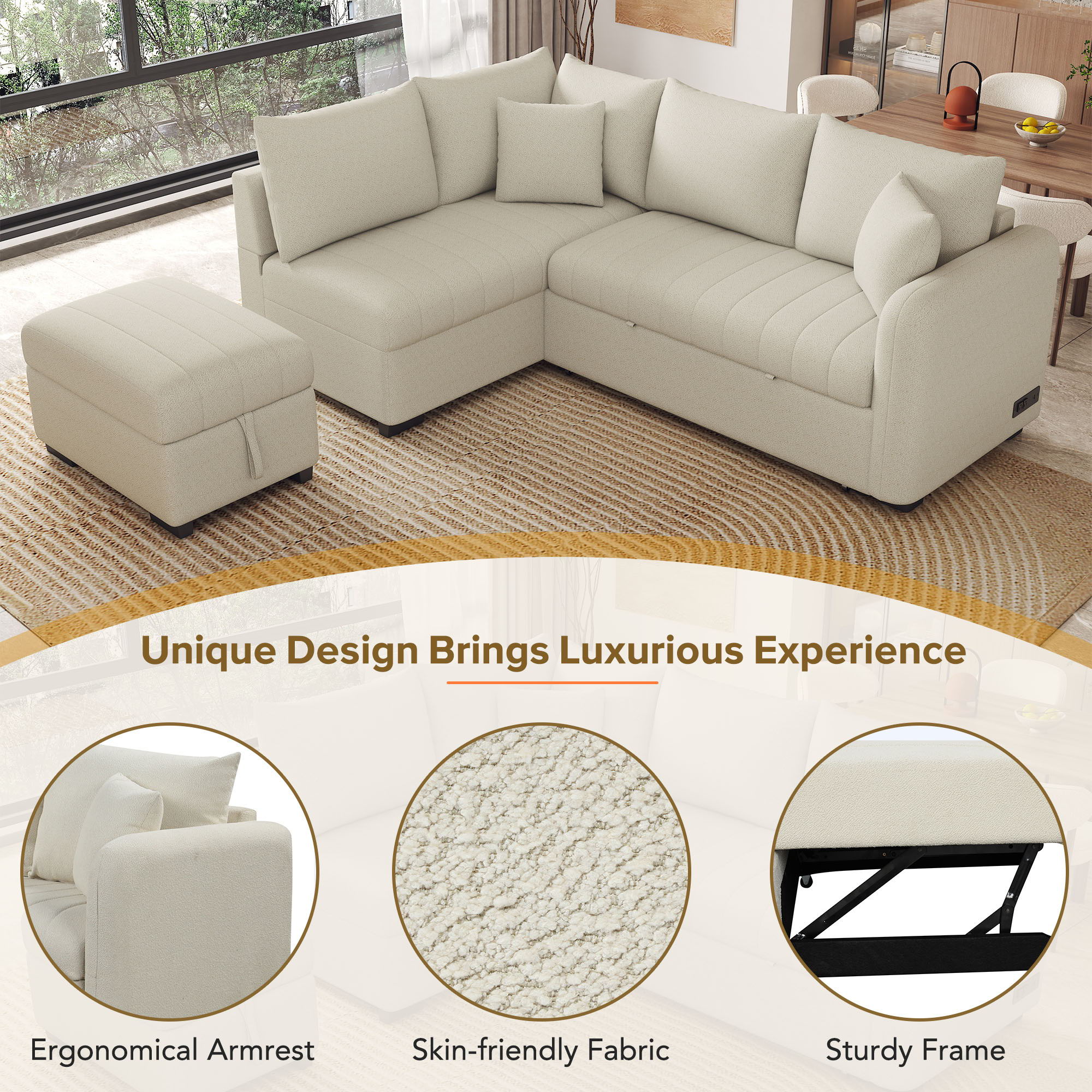 L-Shaped Sectional Pull Out Sofa Bed Sleeper Sofa With Two USB Ports, Two Power Sockets And A Movable Storage Ottoman - Image 17