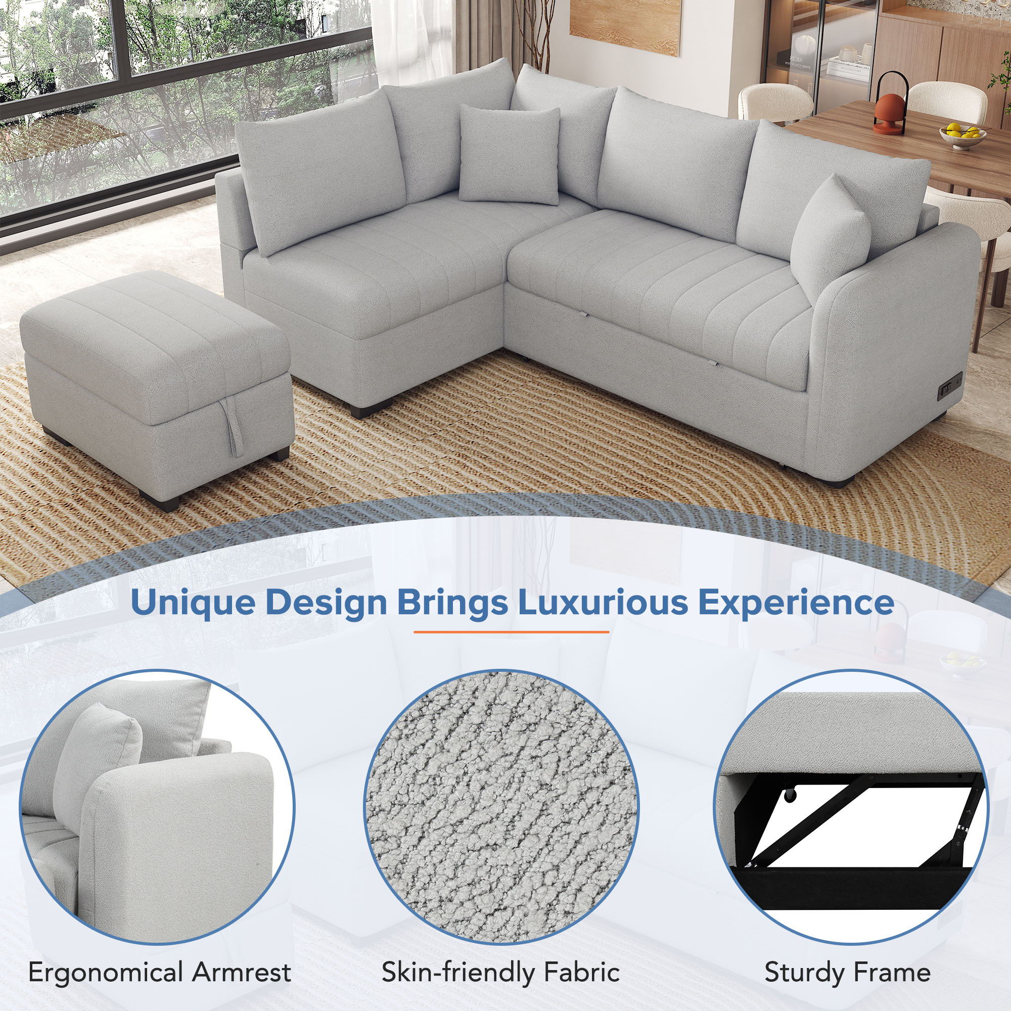 L-Shaped Sectional Pull Out Sofa Bed Sleeper Sofa With Two USB Ports, Two Power Sockets And A Movable Storage Ottoman - Image 6