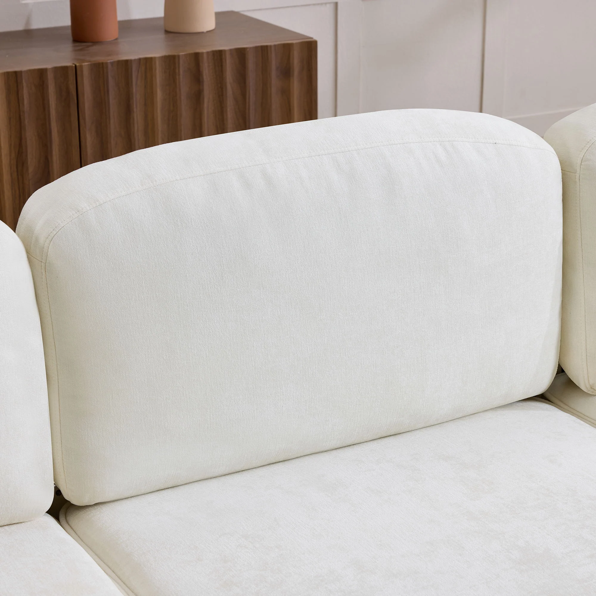 L-Shaped Sectional Sofa With Removable Ruffled Skirt, Flared Arms, Ottoman - White - Image 6