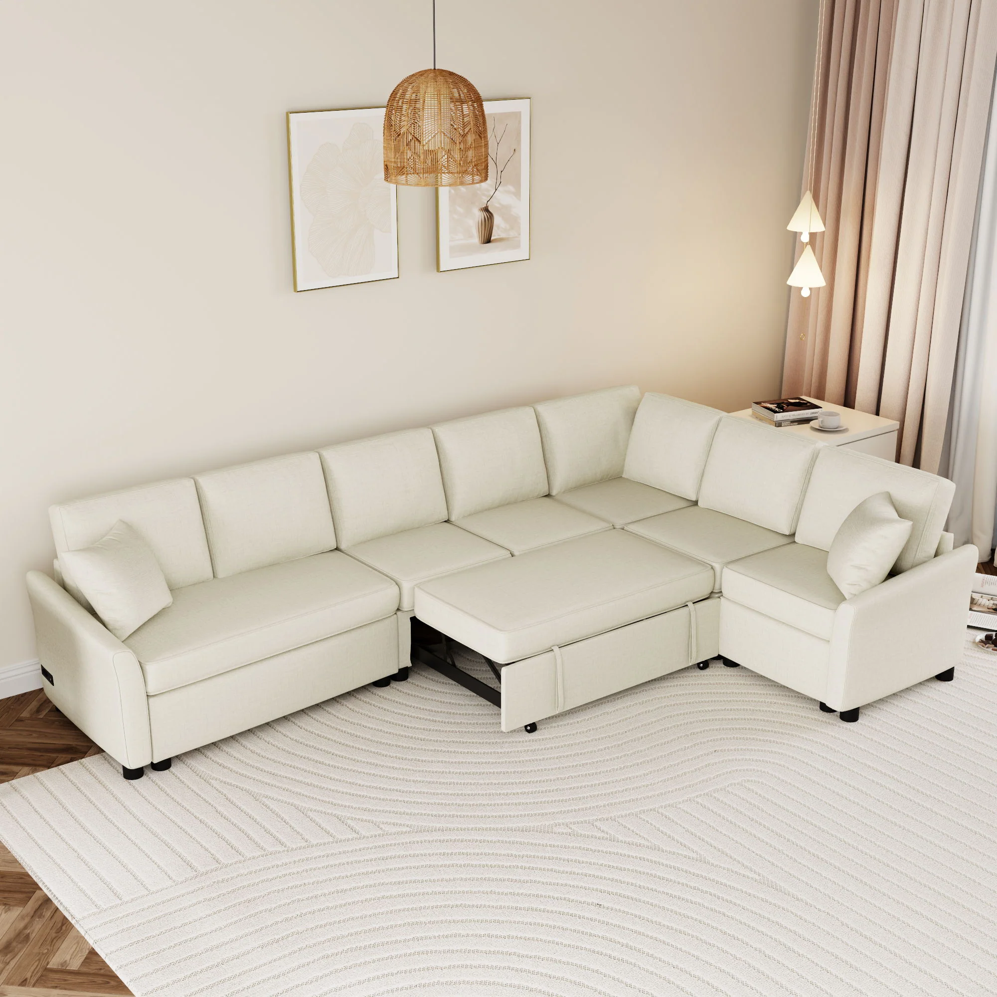 L-Shaped Sofa Convertible Sofa Bed Pull Out Sofa Sleeper With Two Back Pillows, Two USB Ports And Two Power Sockets For Living Room - Image 17