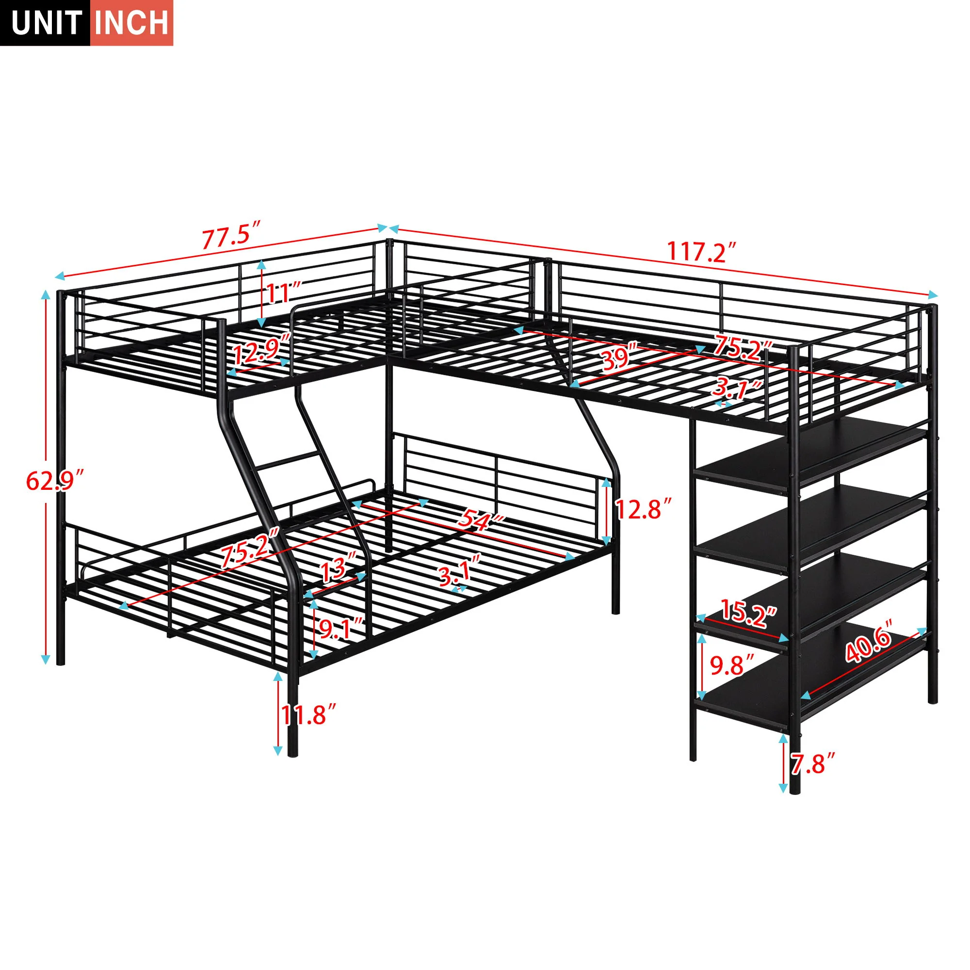 L-Shaped Twin Over Full Bunk Bed And Twin Loft Bed With 4 Built In Shelves - Black - Image 6