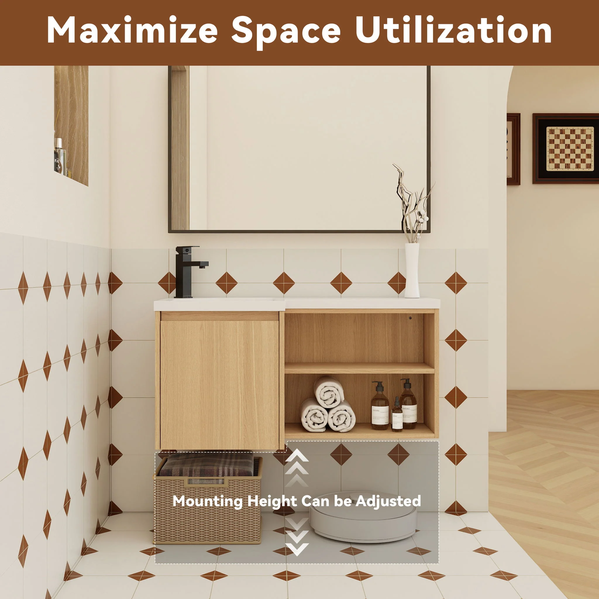 L-Shaped Wall Mounte Floating Bathroom Vanity With Integrated Sink - Image 8