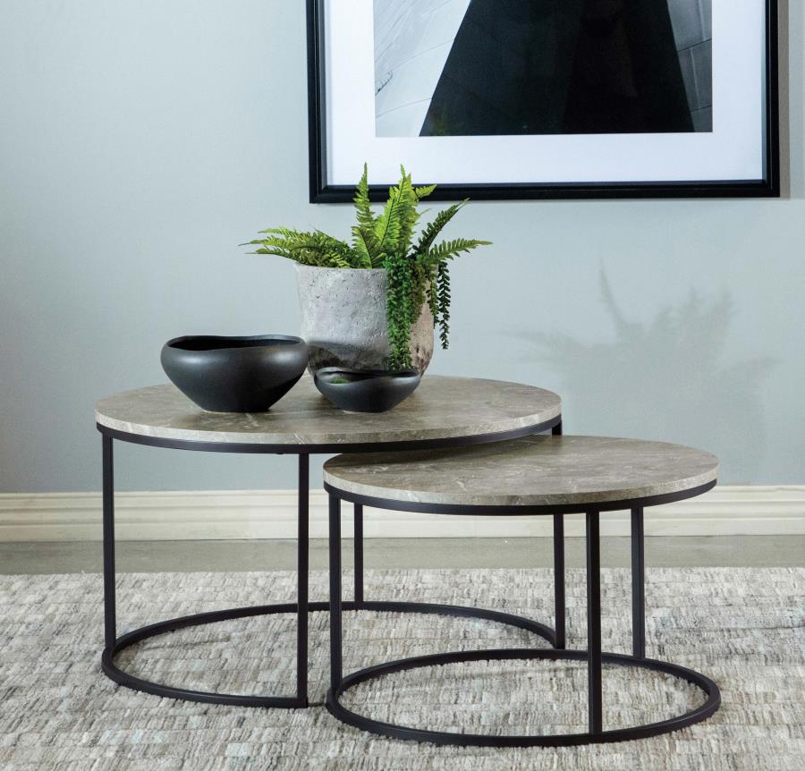 Lainey Round Faux Marble Nesting Coffee Table Set Grey - Image 2