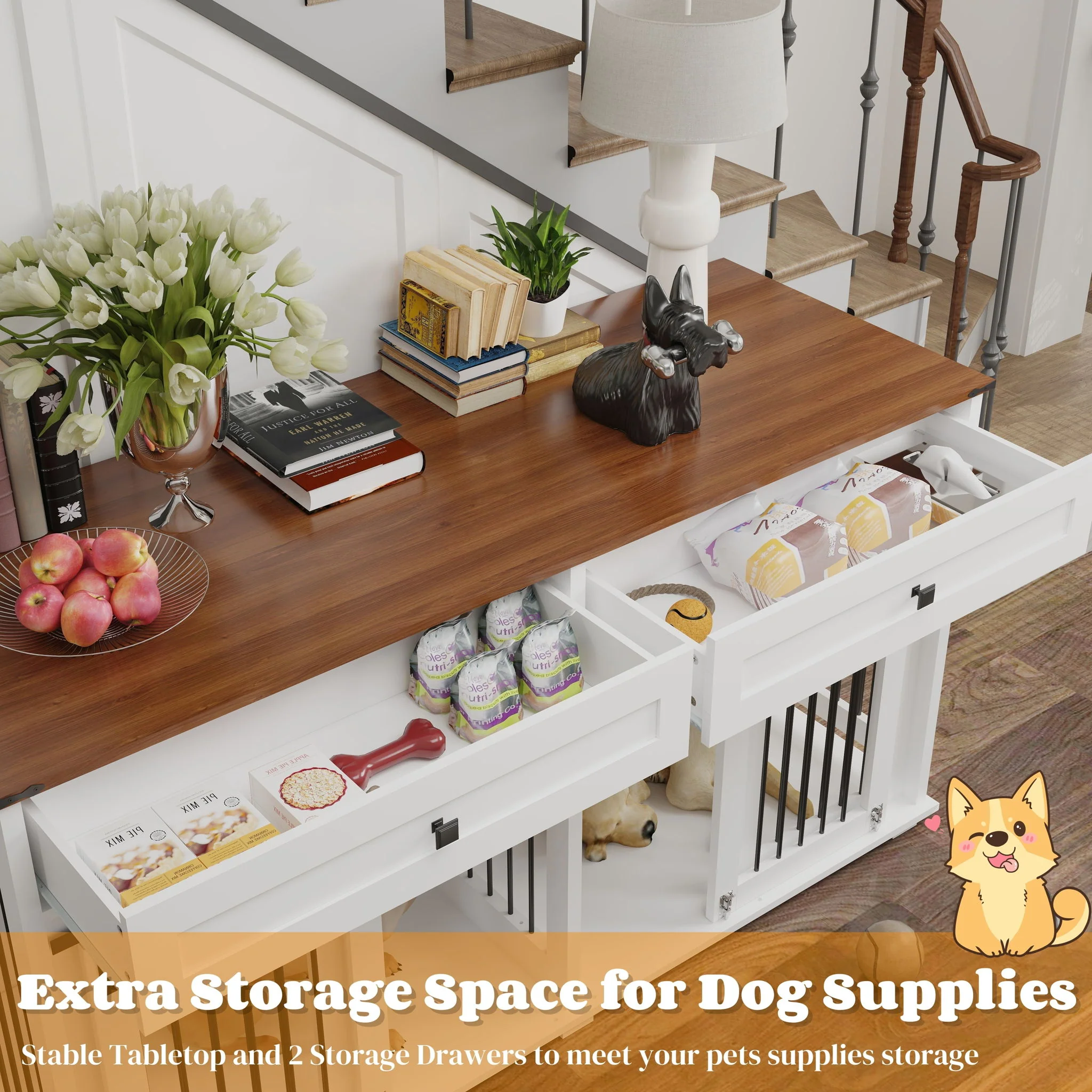 Large Dog Crate, Water Resistant Indoor Pets Furniture Double Dog Crates - Brown White - Image 9