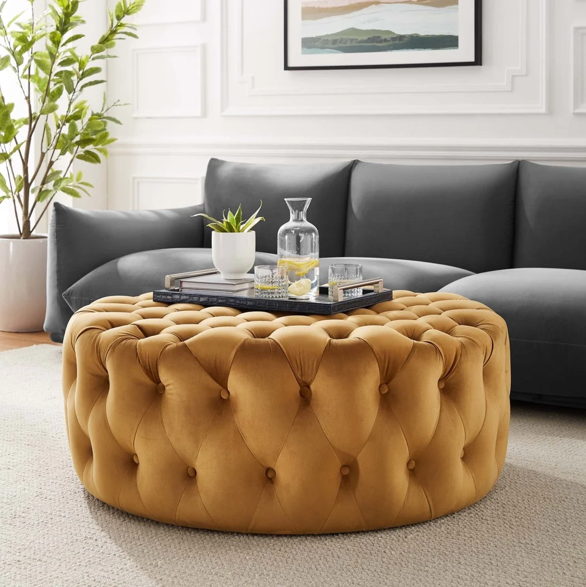Large Round Tufted Velvet Ottoman – Upholstered 40 Inch - Image 18