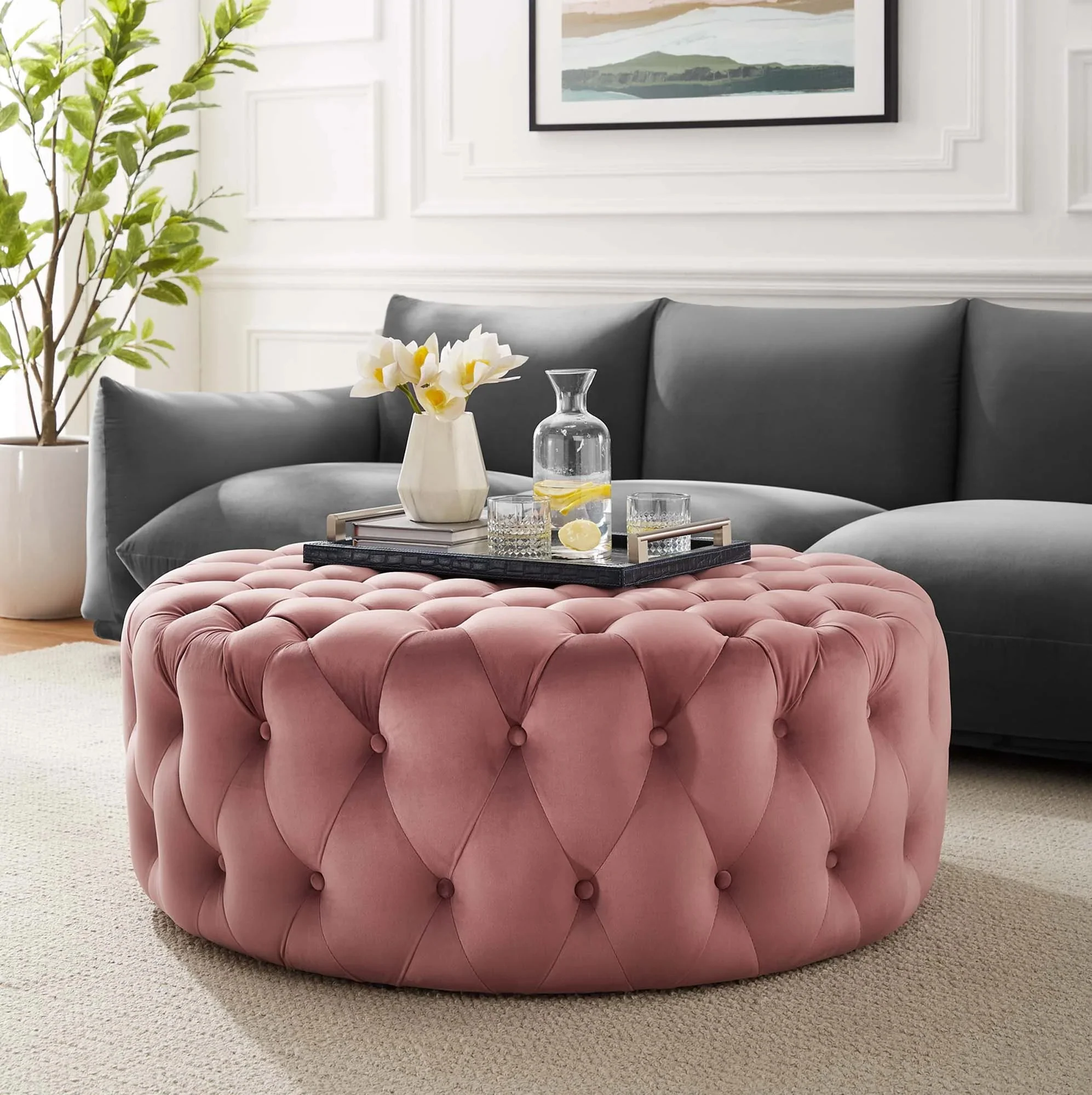 Large Round Tufted Velvet Ottoman – Upholstered 40 Inch - Image 24