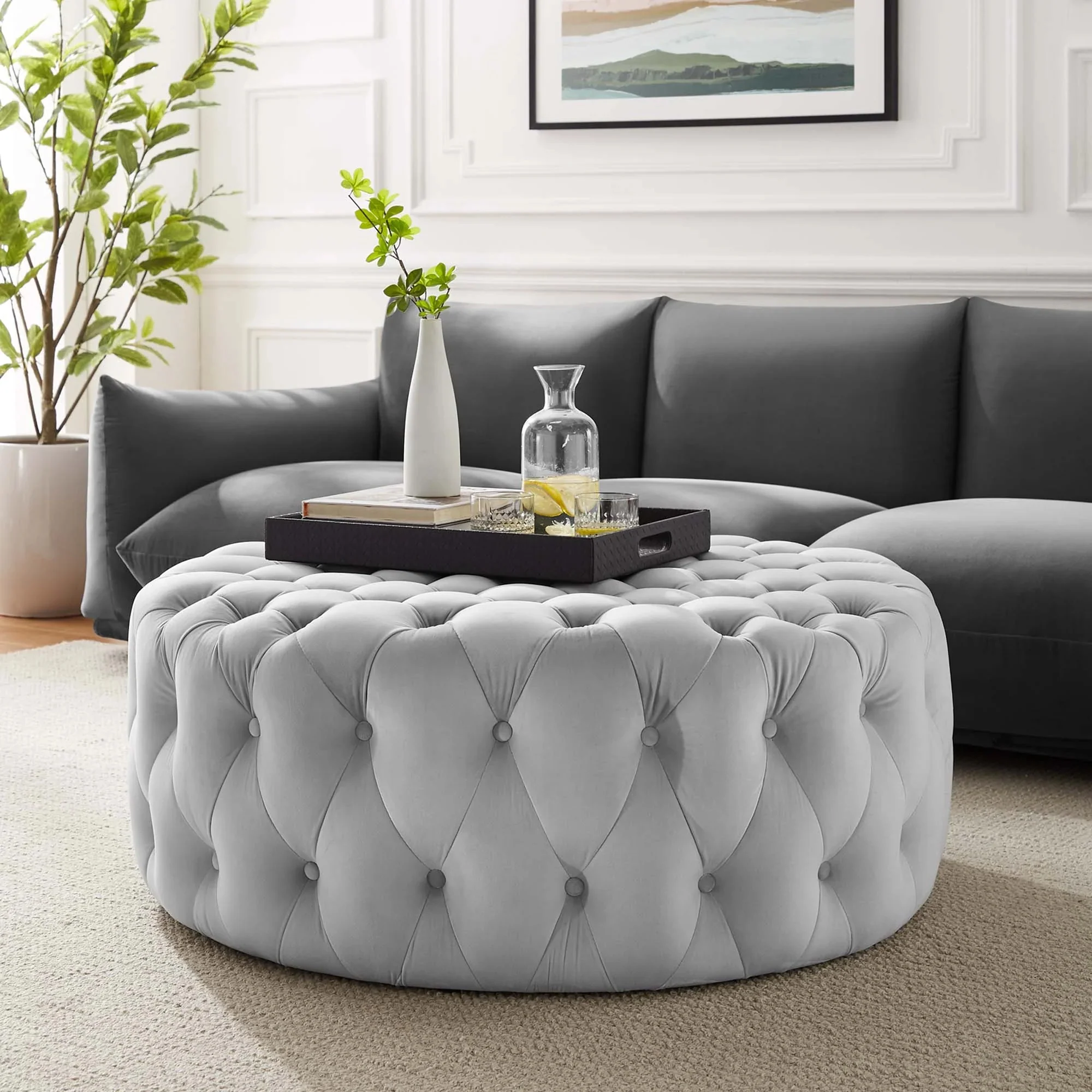 Large Round Tufted Velvet Ottoman – Upholstered 40 Inch - Image 43