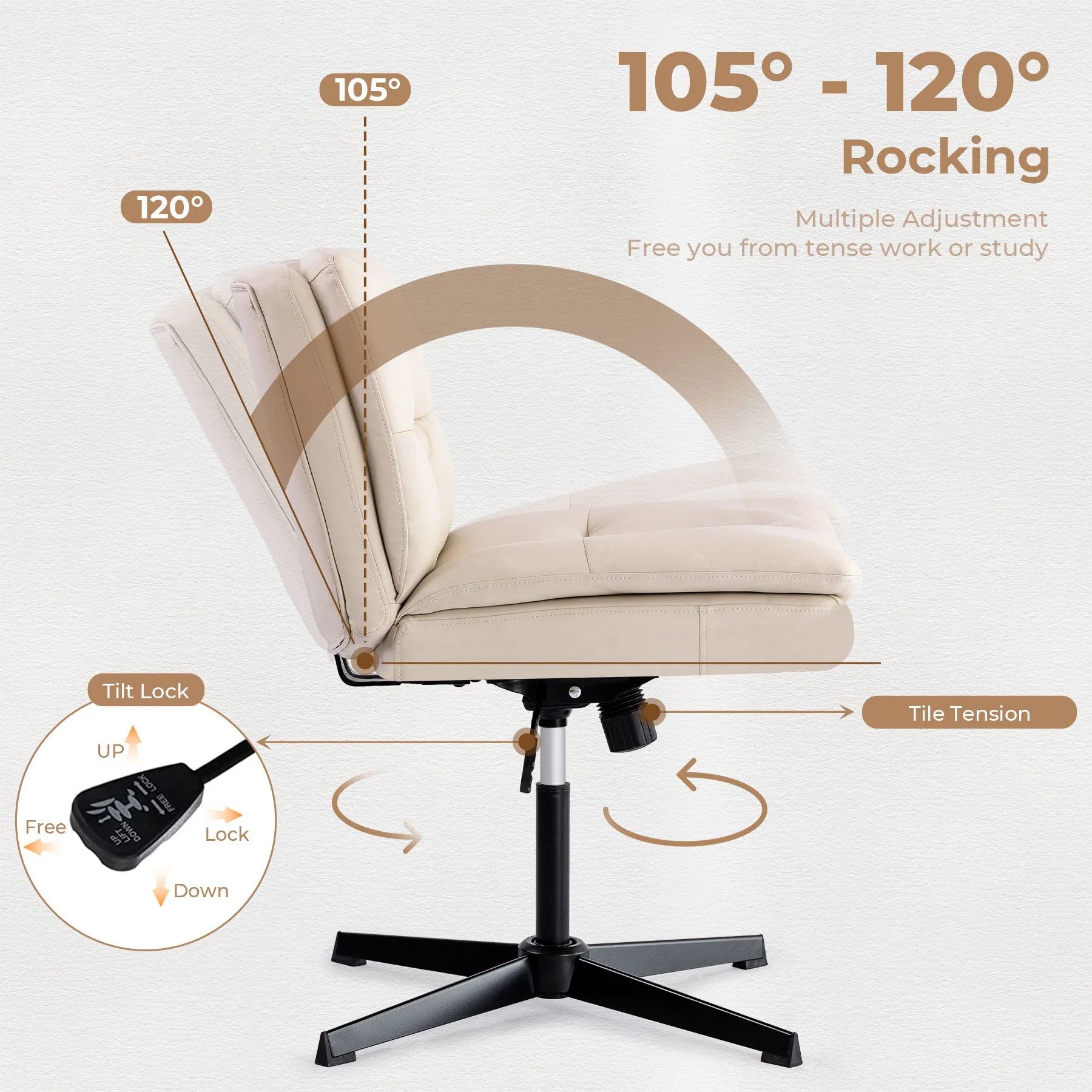 Large Size Armless Home Office Desk Chair Vanity Chair No Wheels - Beige - Image 5