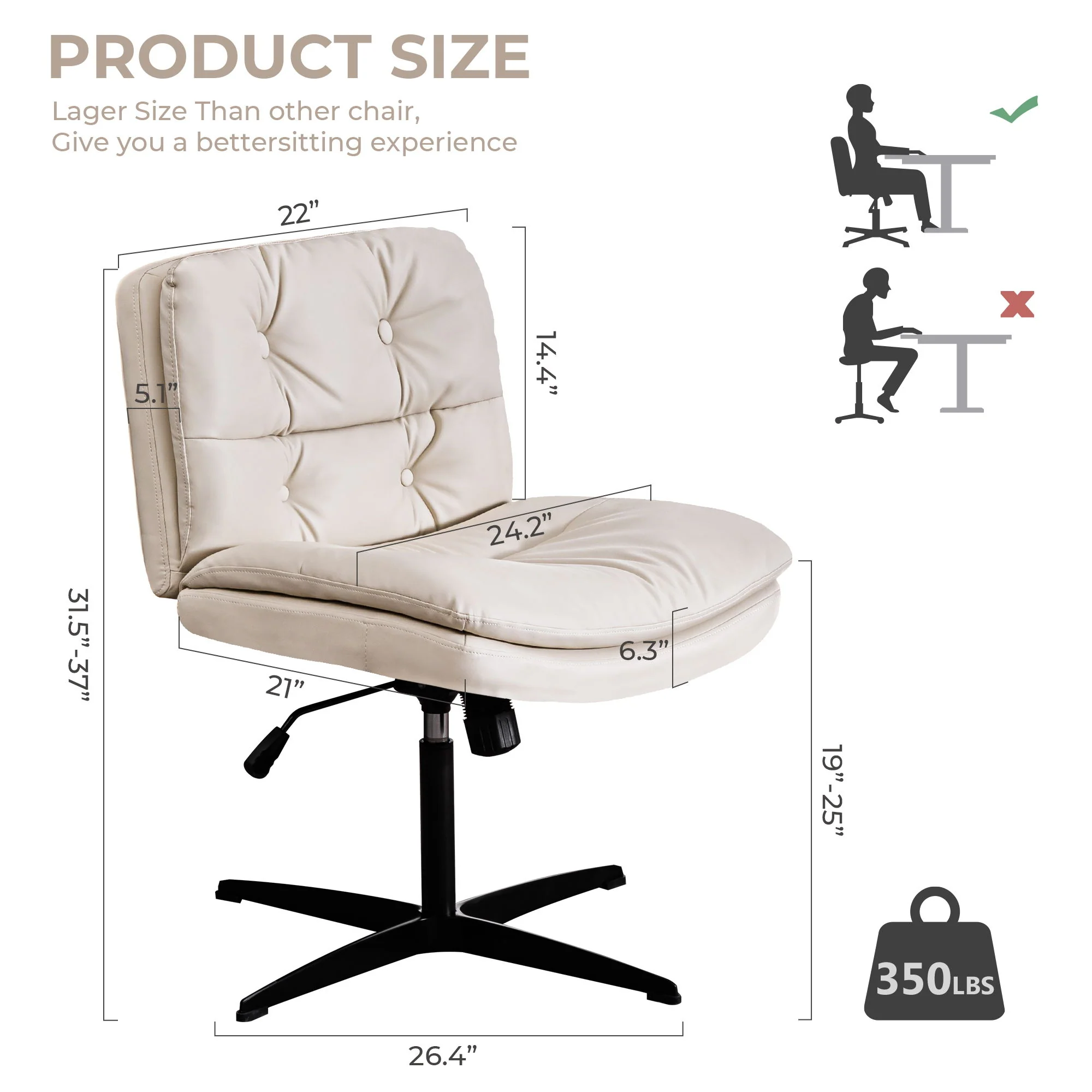 Large Size Armless Home Office Desk Chair Vanity Chair No Wheels - Beige - Image 6