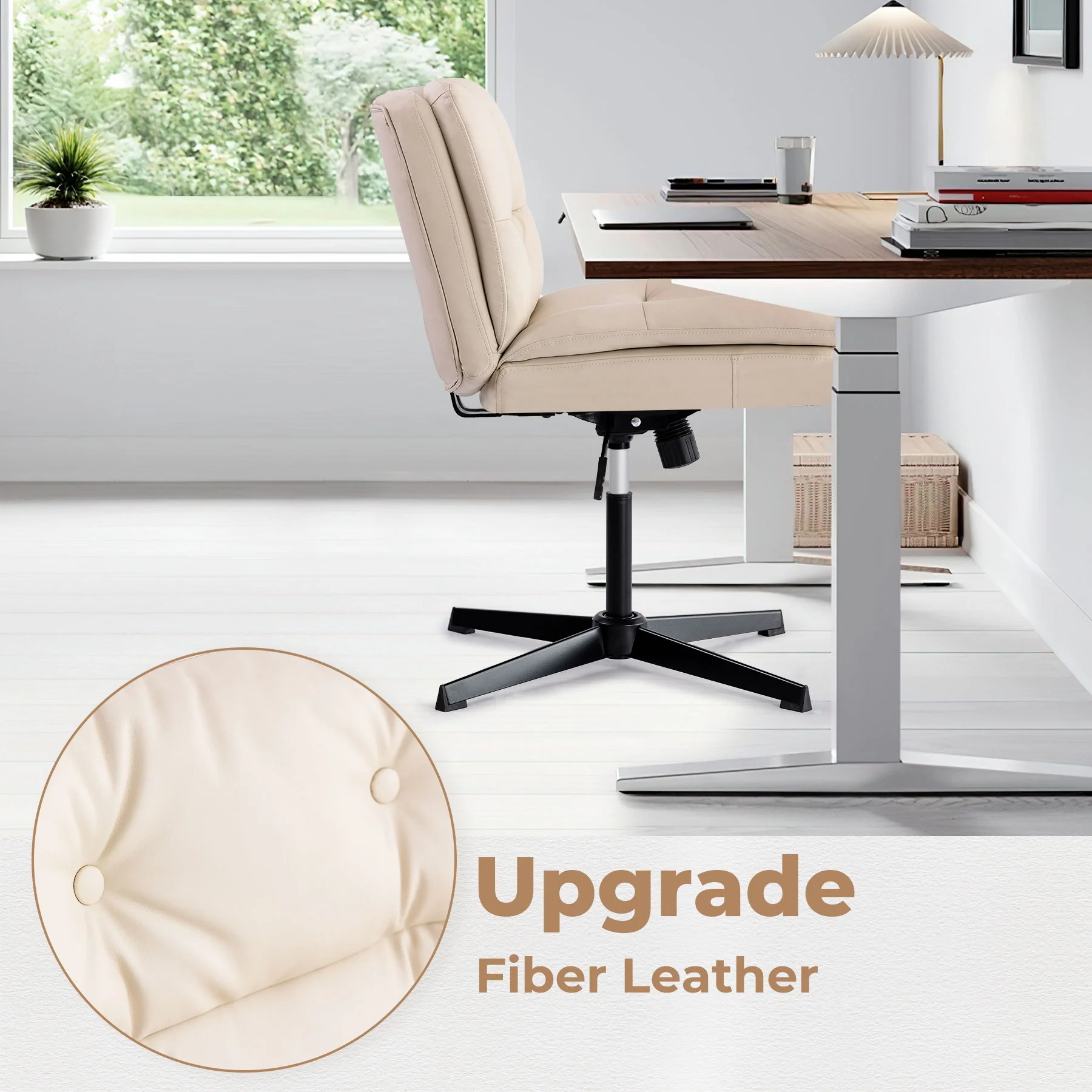 Large Size Armless Home Office Desk Chair Vanity Chair No Wheels - Beige - Image 8