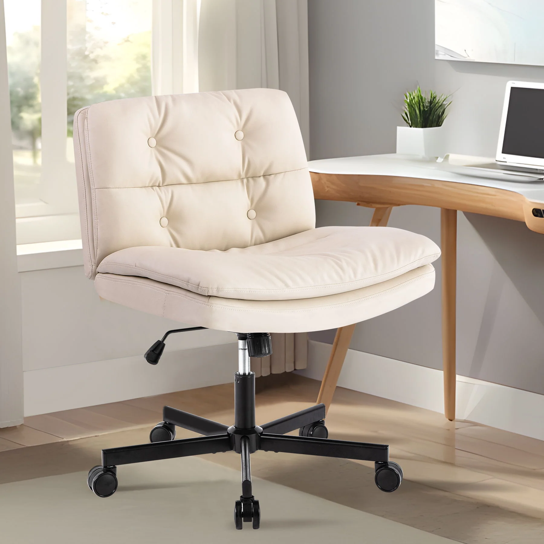 Large Size Swivel Home Office Desk Chair Armless Office Room Chair - Beige - Image 8