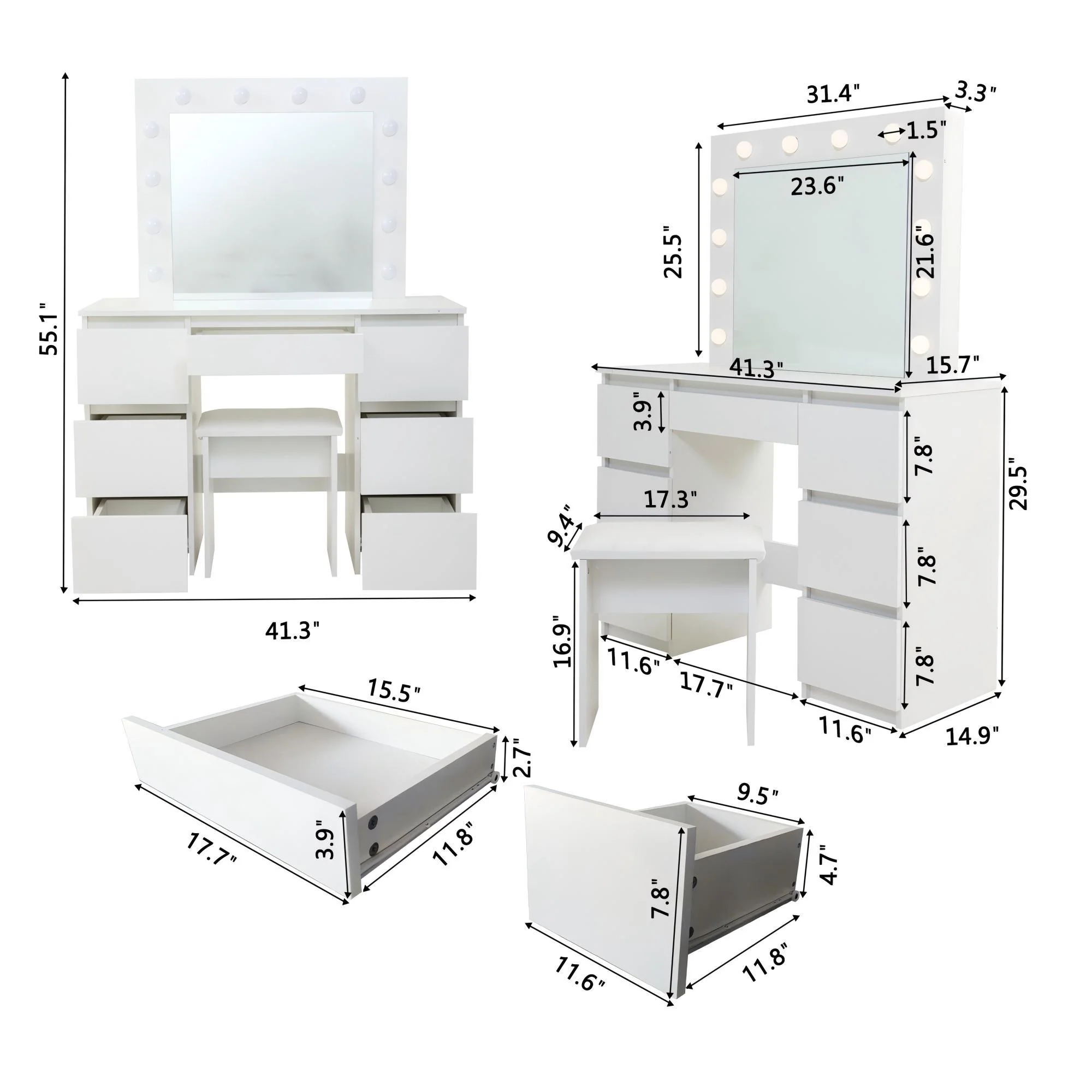 Large Vanity Tables With Mirror And Light - Matte White - Image 3