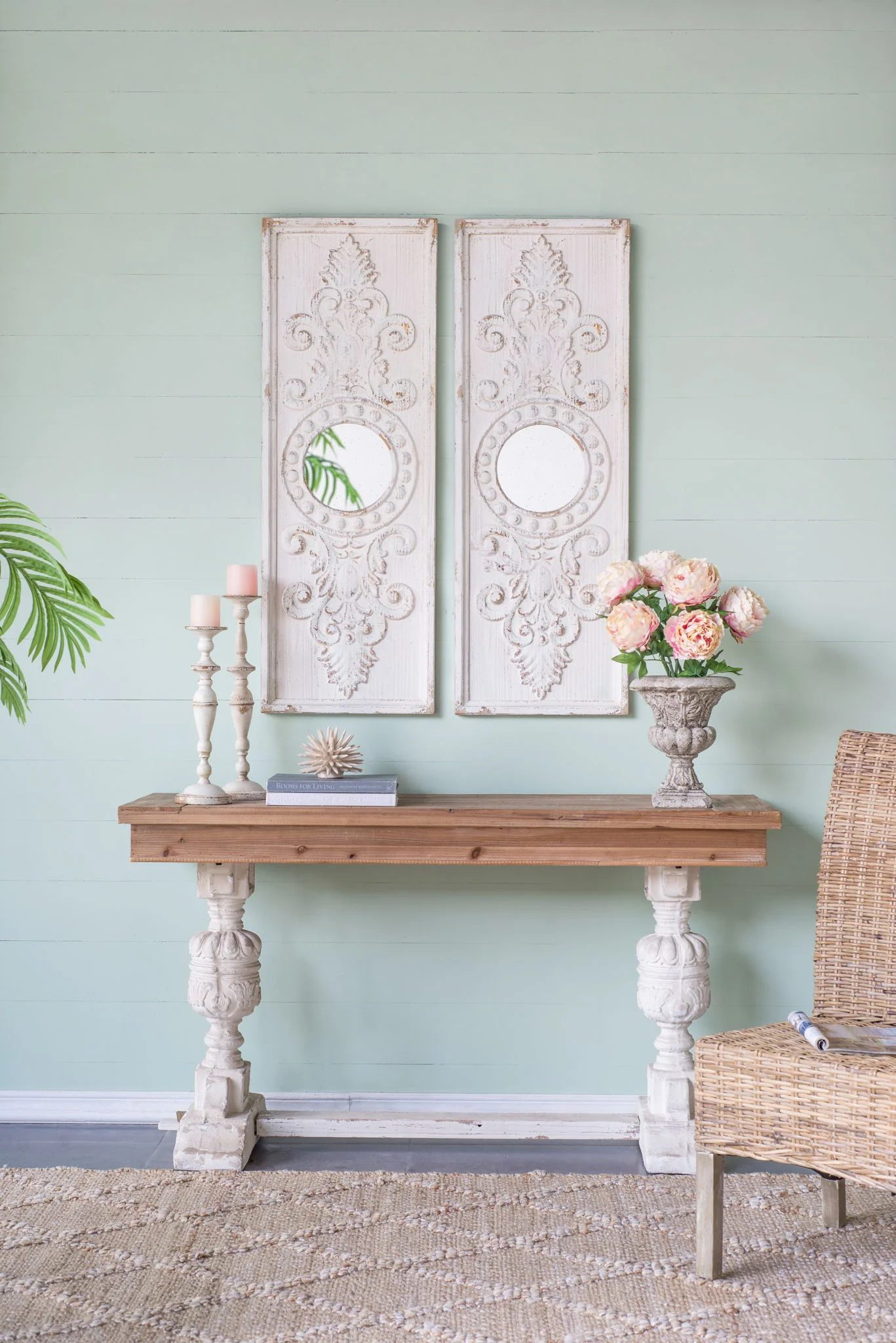 Large Wooden Wall Art Panels With Distressed Round Mirror Accents (Set of 2) - White - Image 4