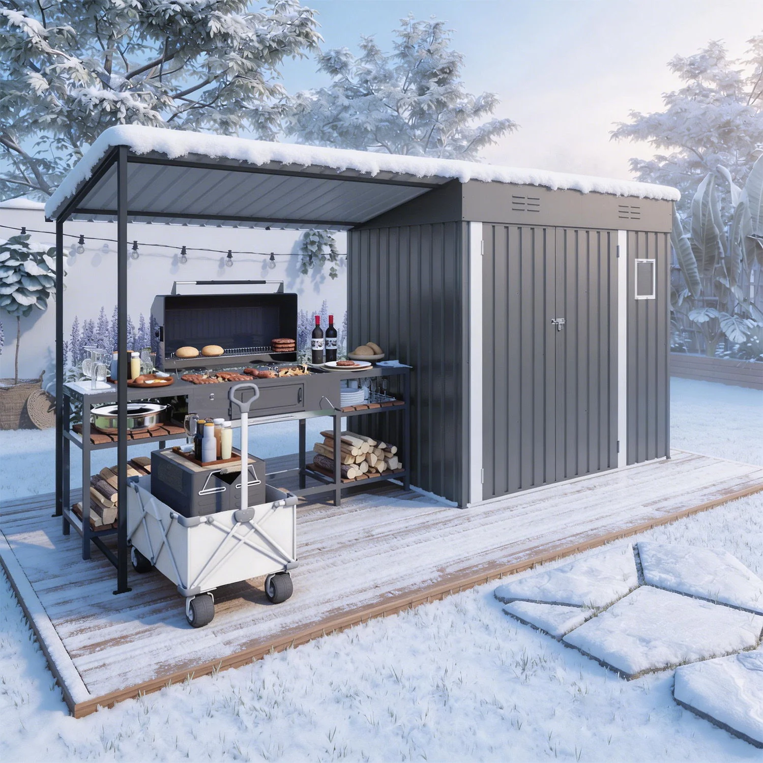Lean To Shed With Open Sided Pergola, Outdoor Storage Shed & Attached Hardtop Gazebo Combo - Gray - Image 2