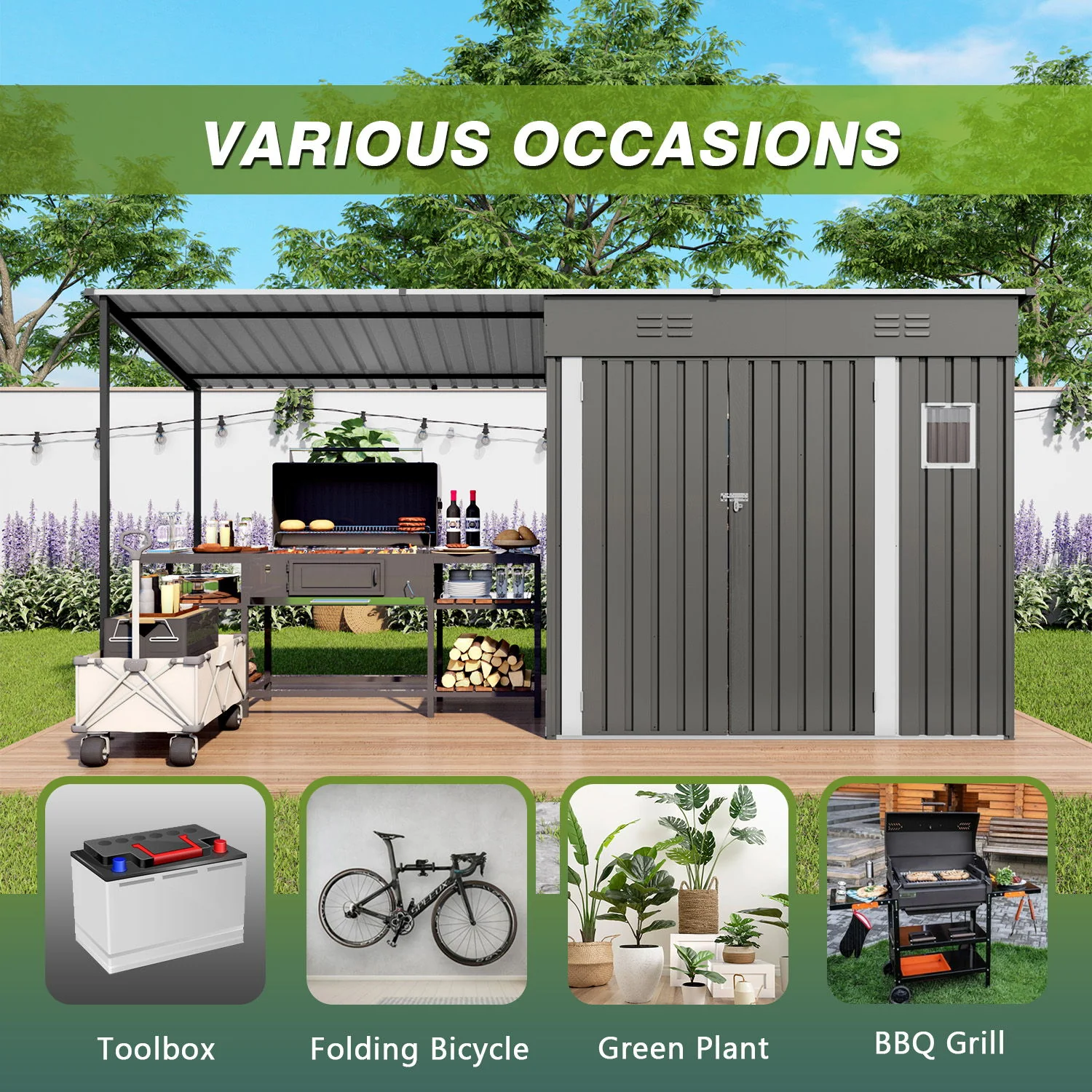 Lean To Shed With Open Sided Pergola, Outdoor Storage Shed & Attached Hardtop Gazebo Combo - Gray - Image 5