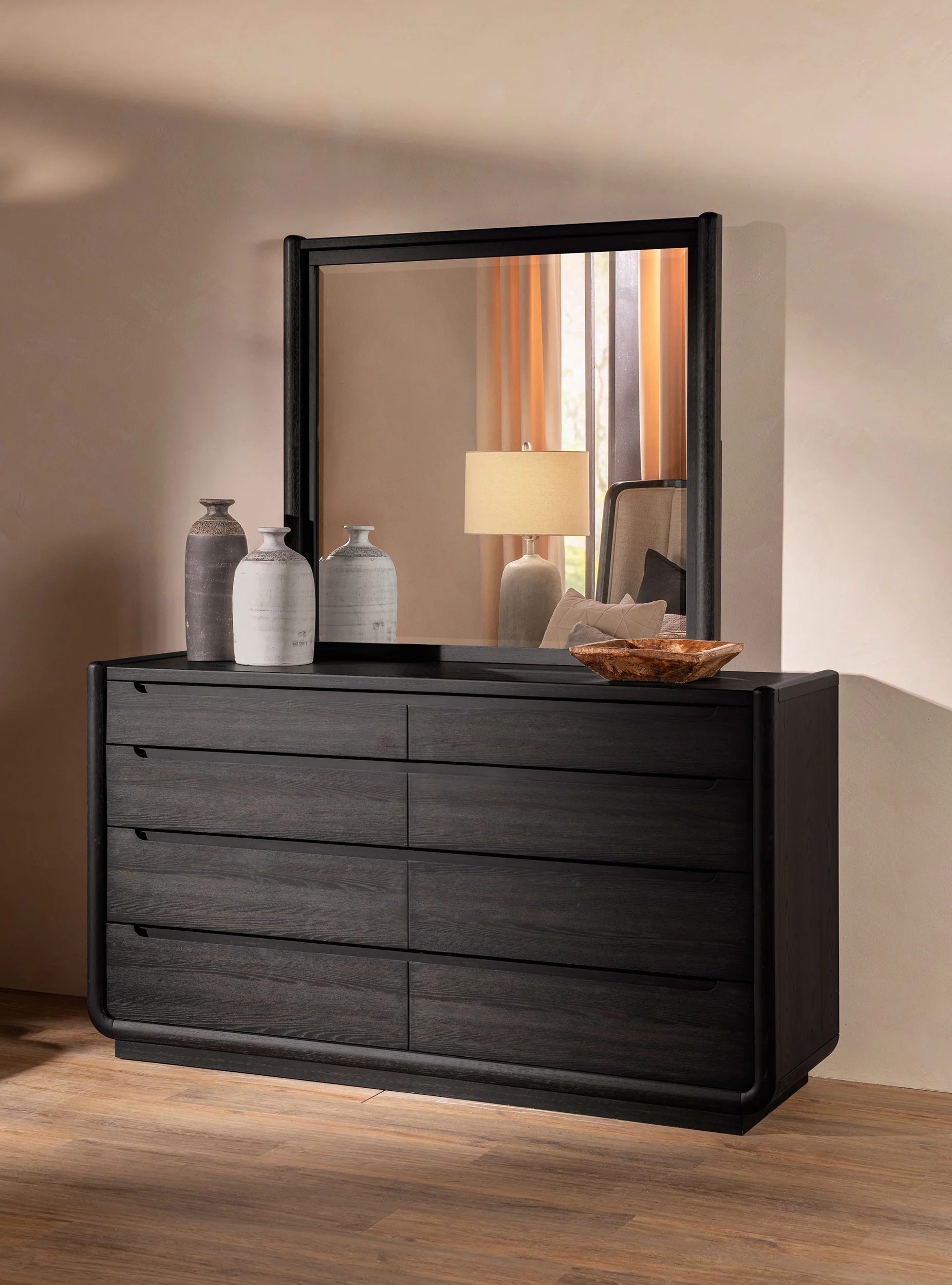 Leandro 8-Drawer Bedroom Dresser with Mirror in Burnished Black - Image 2