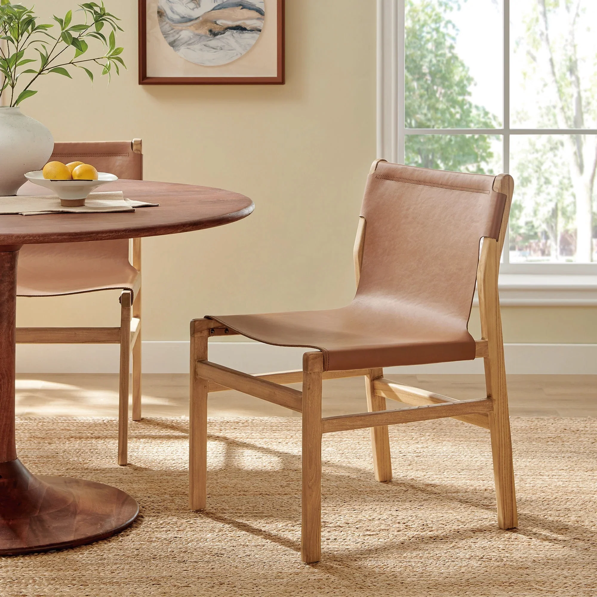 Leather and Teak Wood Dining Side Chair - Image 7