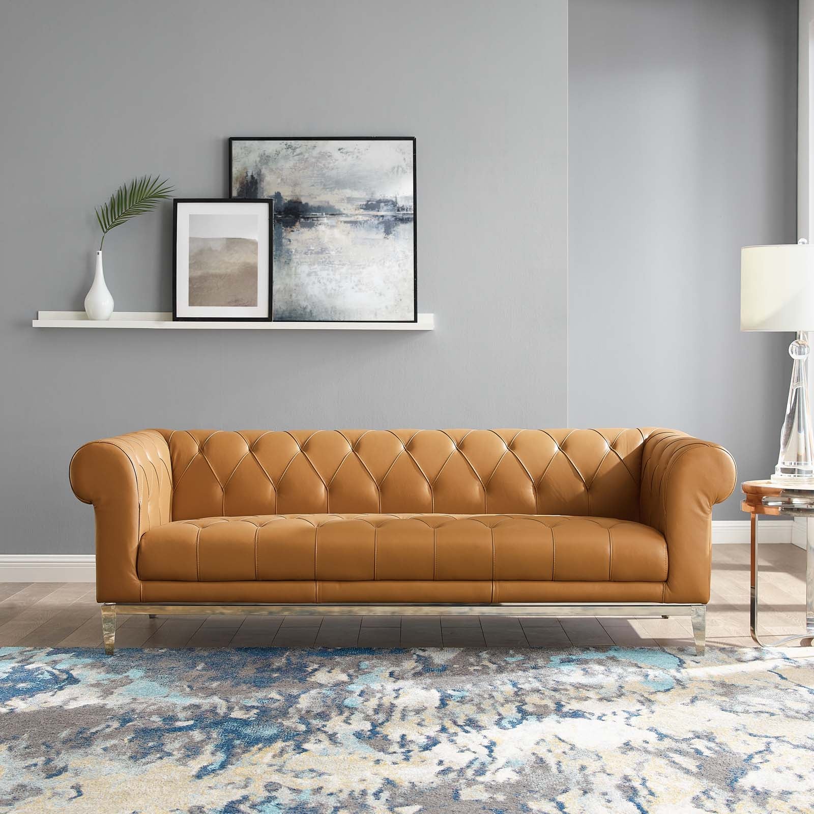 Leather Chesterfield 84" Sofa with Polished Stainless Steel Base - Image 6