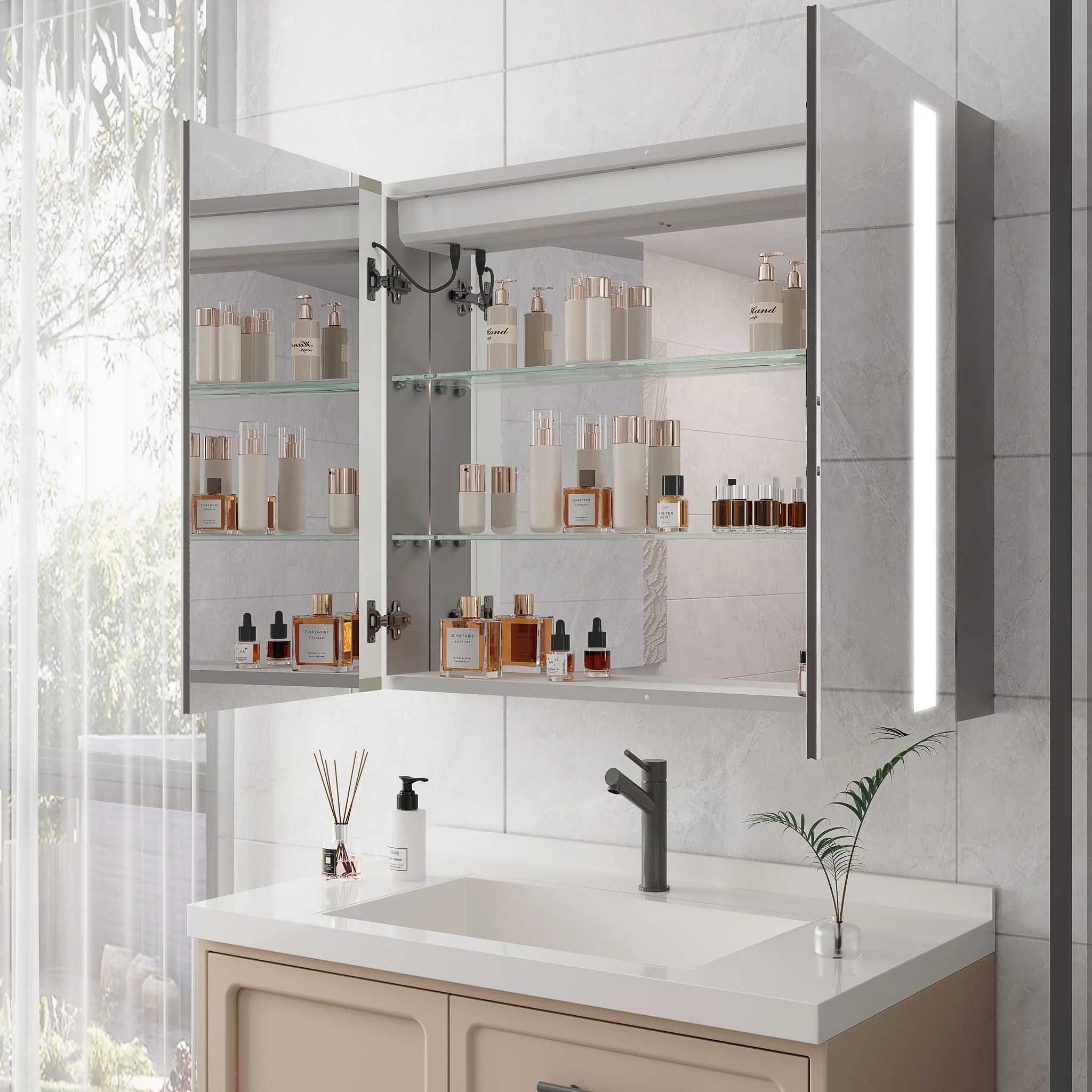 LED Medicine Cabinet With Mirror, Double Door With Defogger, Dimmer, Surface Mount - Image 7