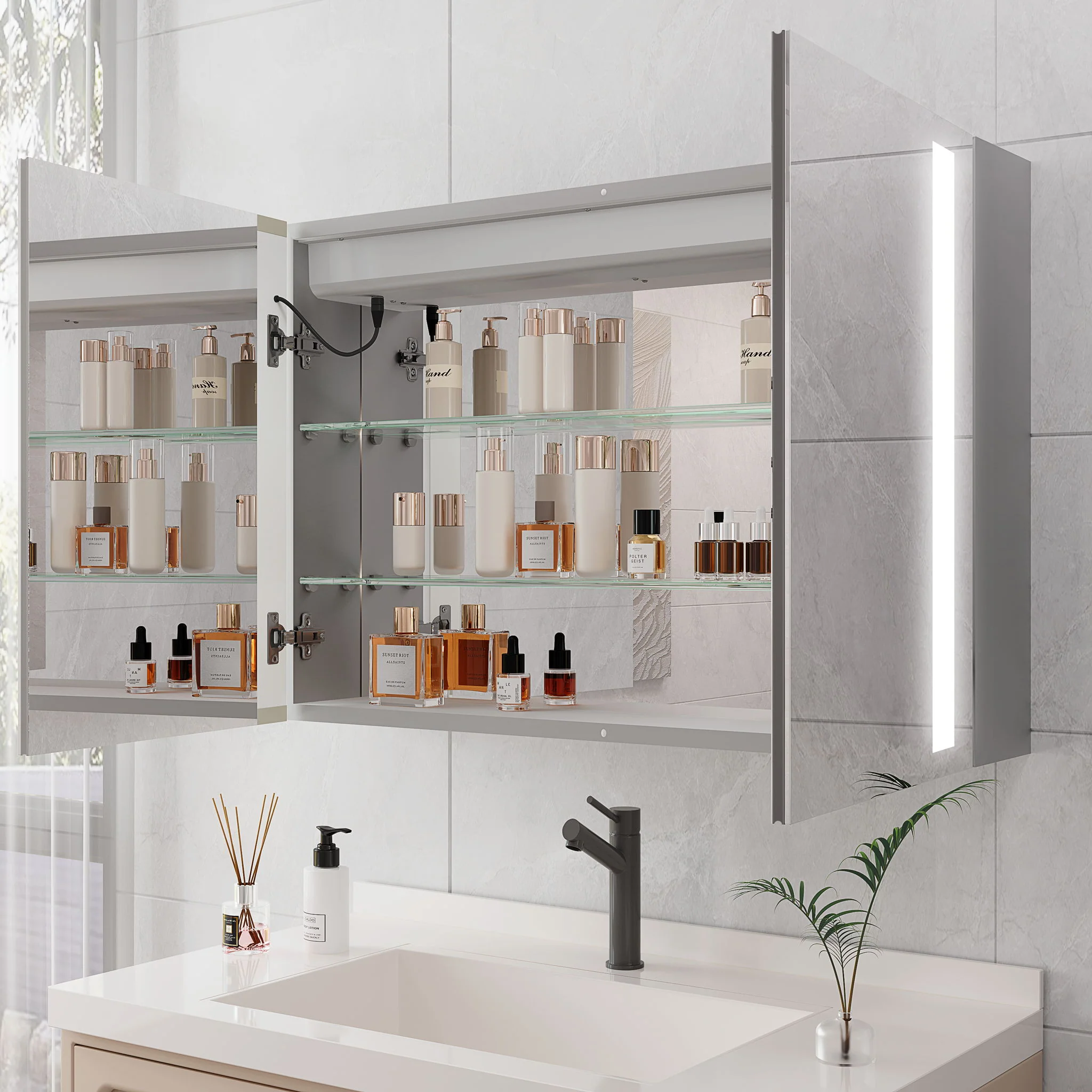 LED Medicine Cabinet With Mirror, Double Door With Defogger, Dimmer, Surface Mount - Image 9